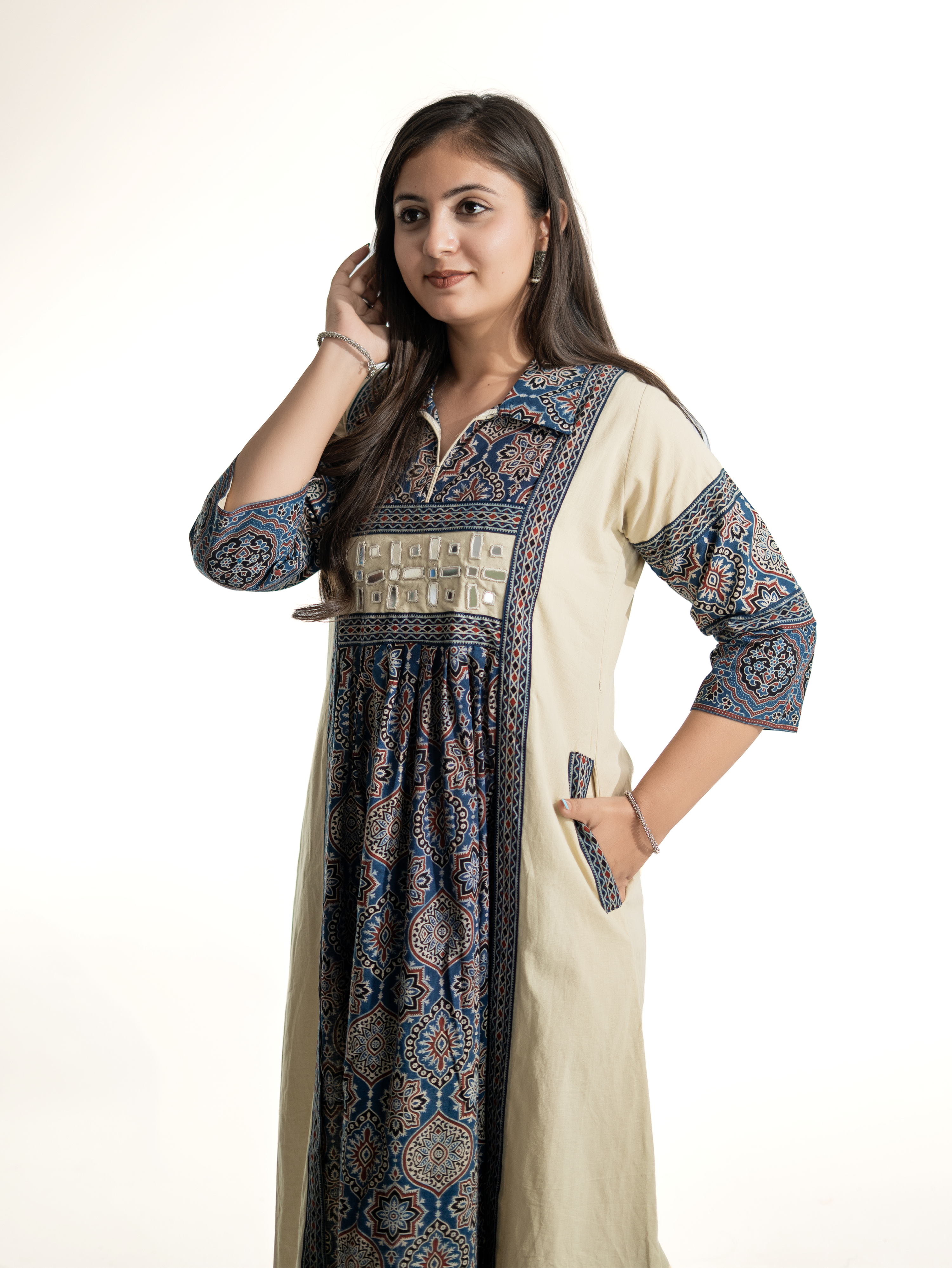 Zasha OffWhite Cotton Ajrakh Kutch Embroidered A-line Kurta