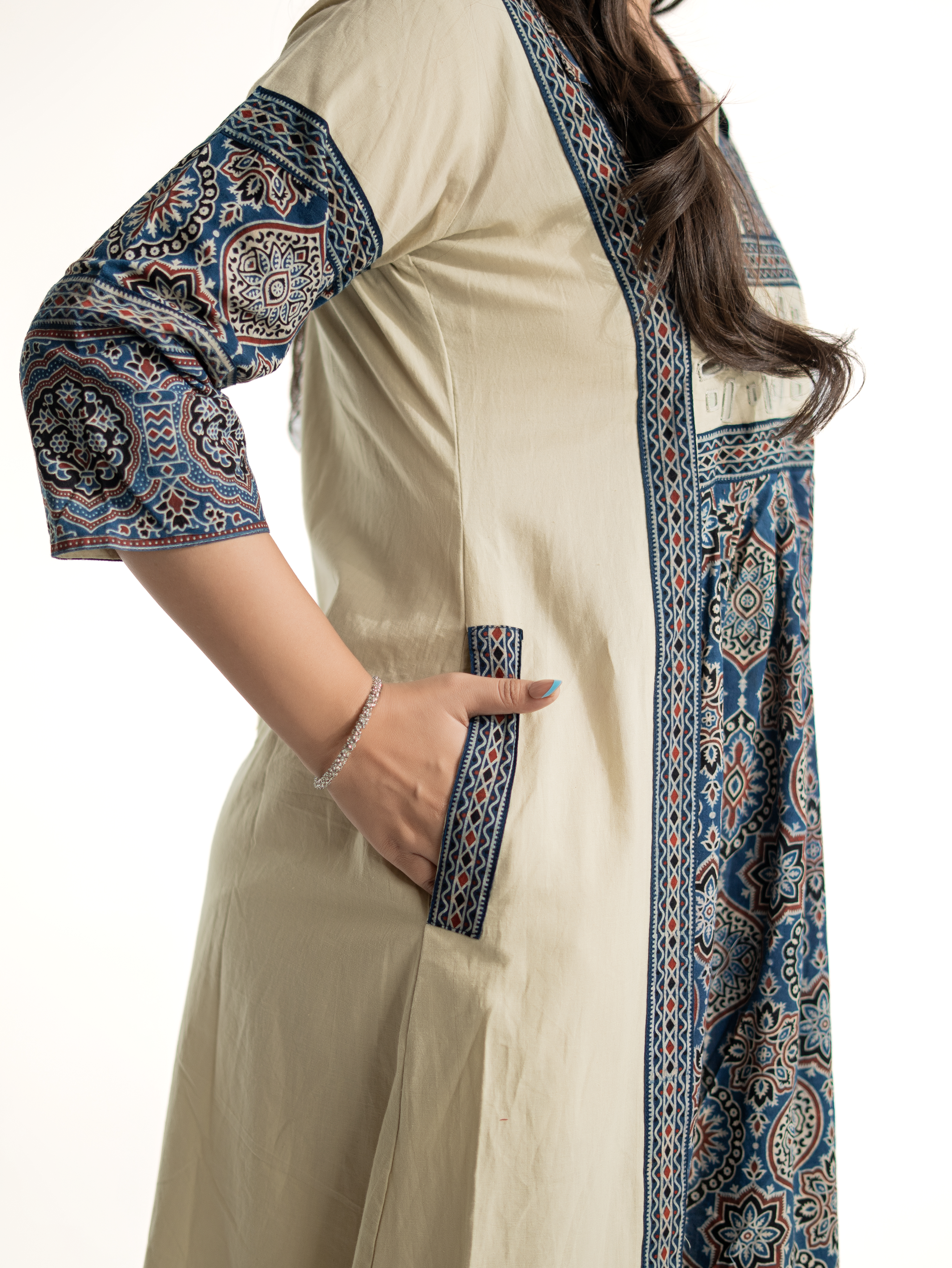 Zasha OffWhite Cotton Ajrakh Kutch Embroidered A-line Kurta