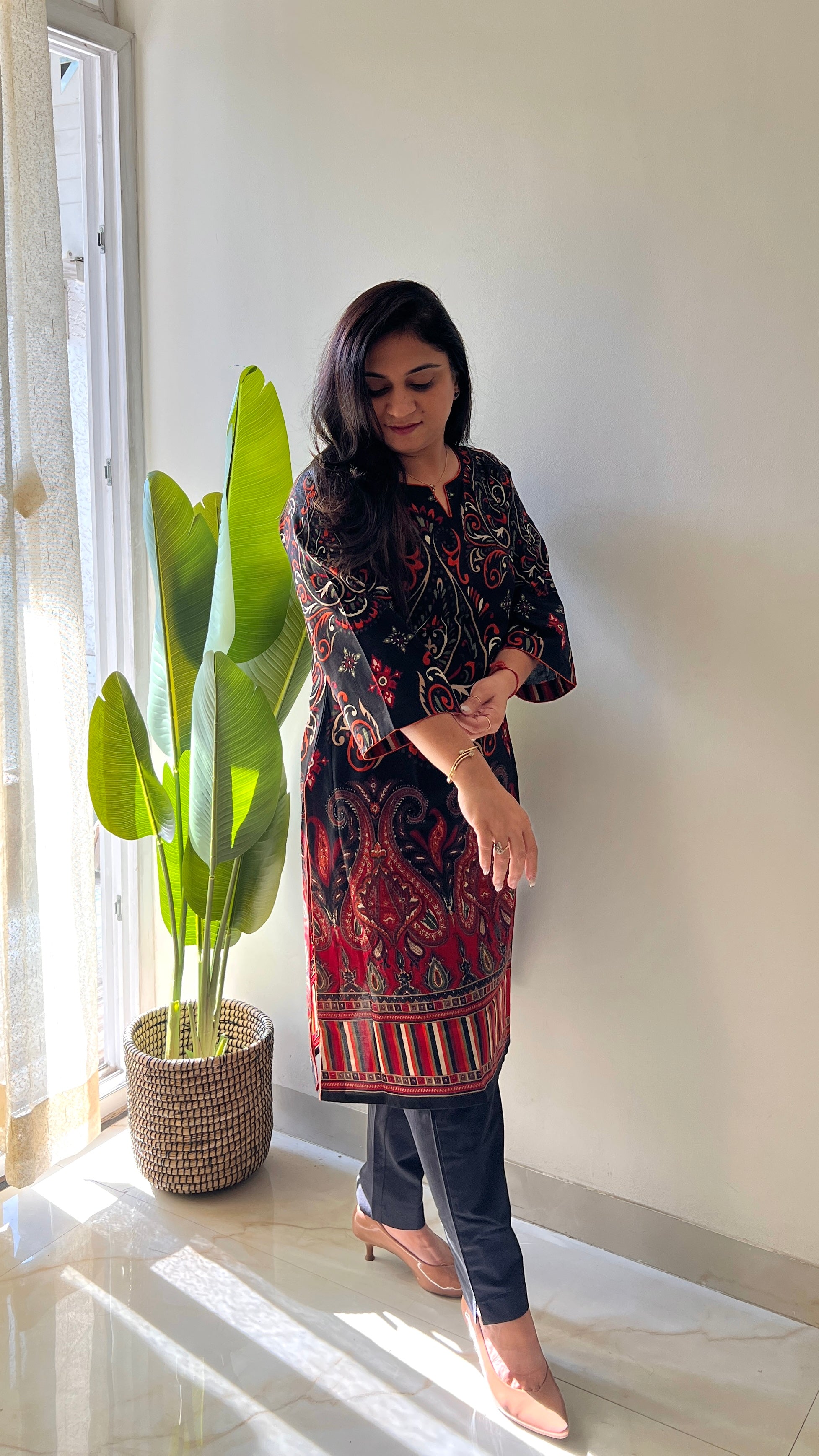 Black Cotton Casual Straight Kurta