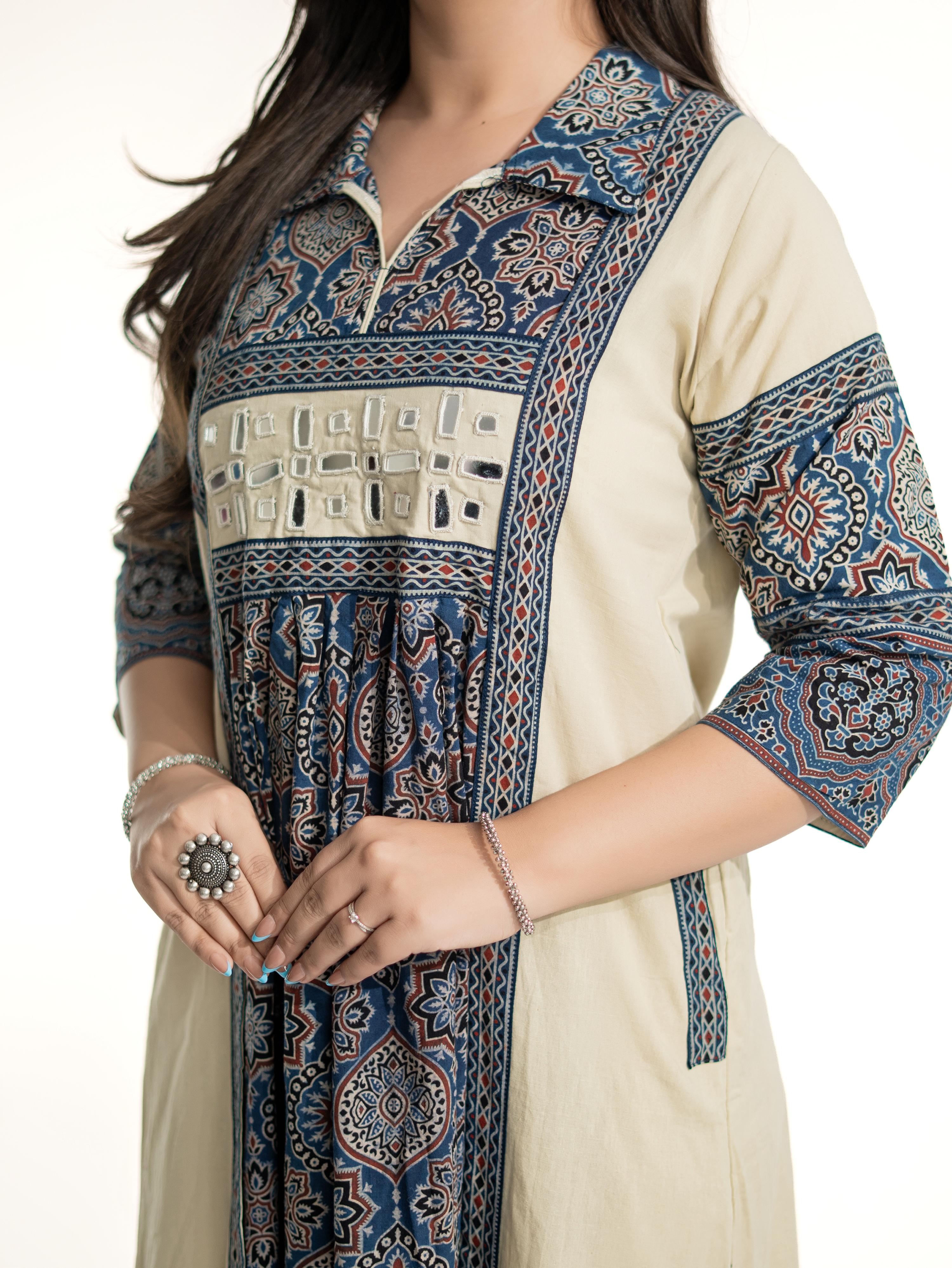 Zasha OffWhite Cotton Ajrakh Kutch Embroidered A-line Kurta
