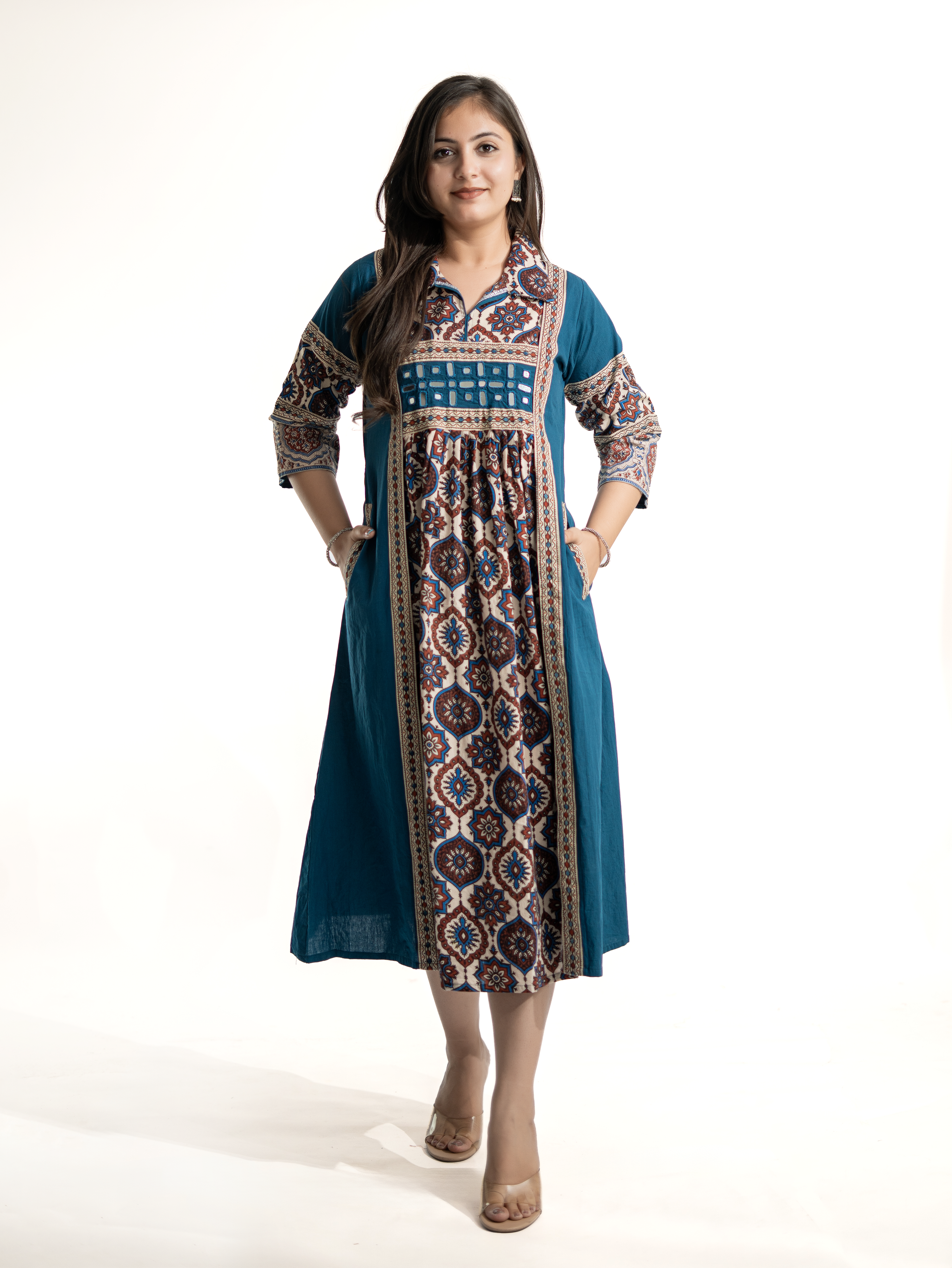 Zasha Blue Cotton Ajrakh Kutch Embroidered A-line Kurta