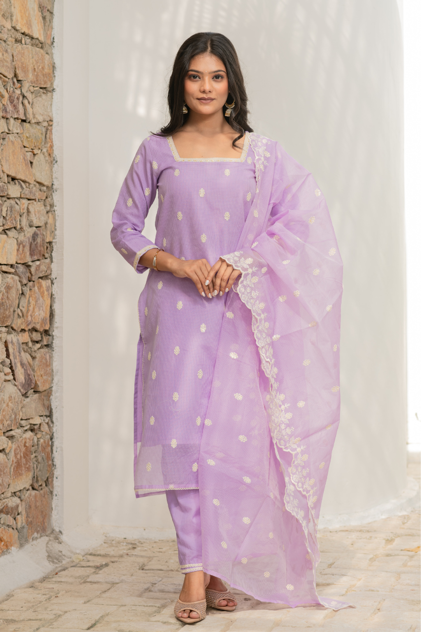 Lavender Kota Doria Embroidered Festive Pant Set