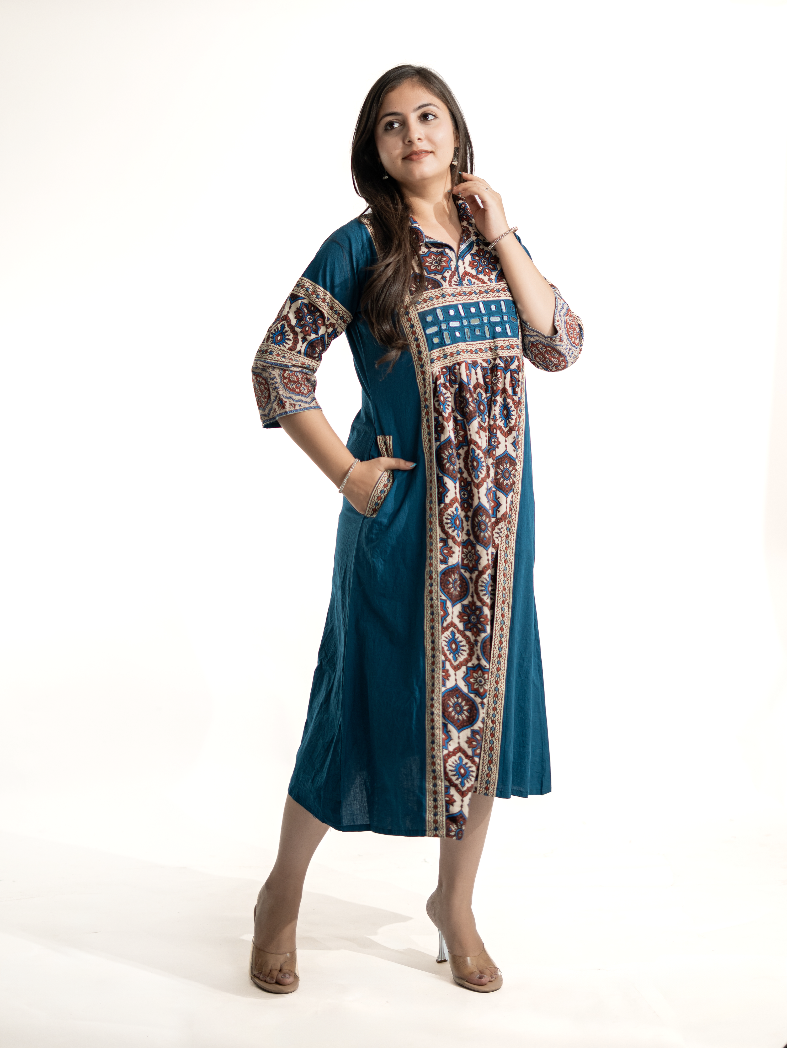 Zasha Blue Cotton Ajrakh Kutch Embroidered A-line Kurta