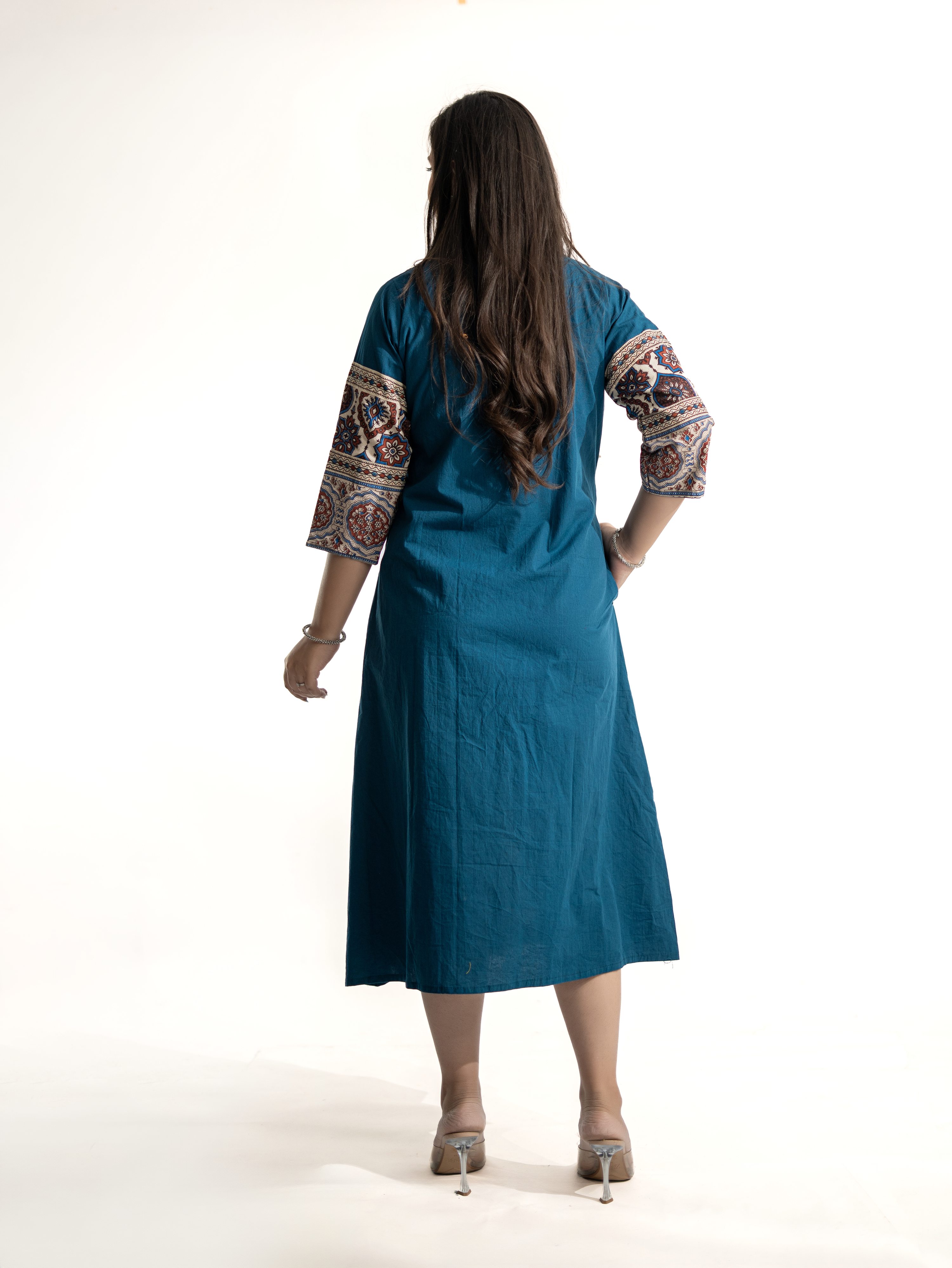 Zasha Blue Cotton Ajrakh Kutch Embroidered A-line Kurta