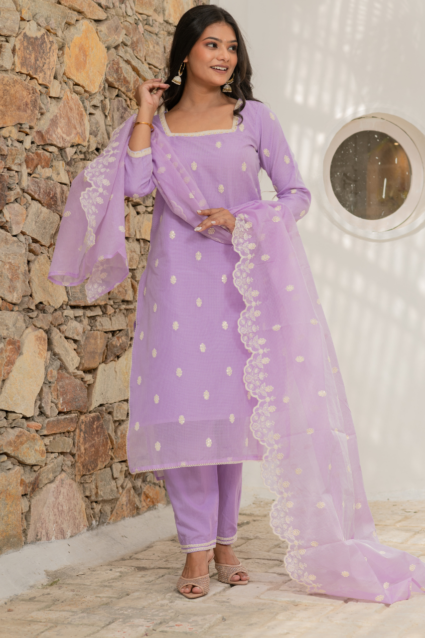 Lavender Kota Doria Embroidered Festive Pant Set