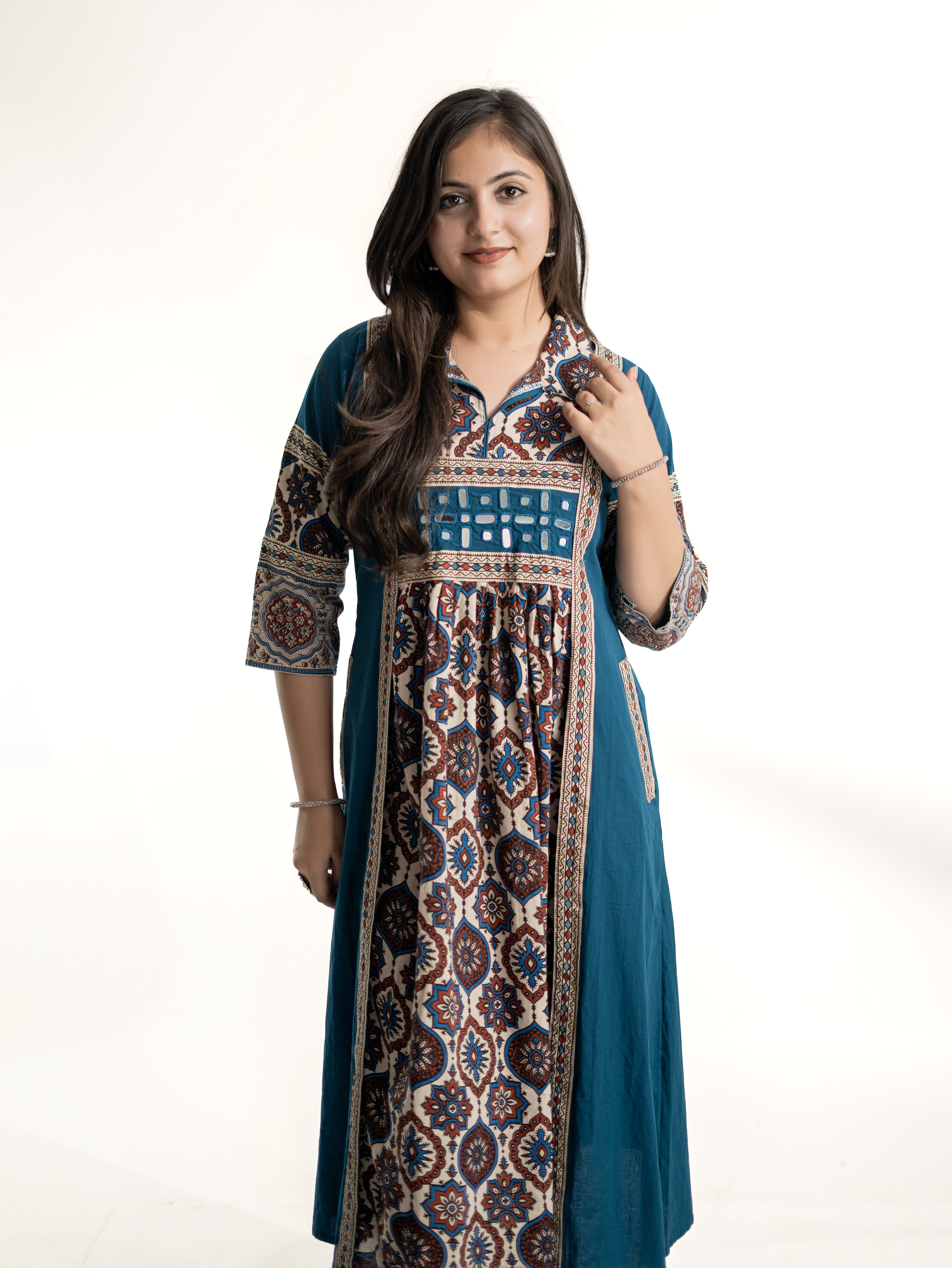 Zasha Blue Cotton Ajrakh Kutch Embroidered A-line Kurta