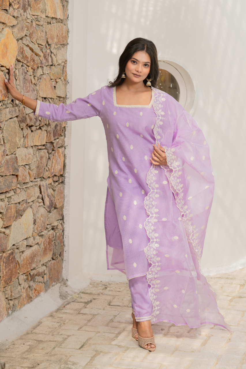 Lavender Kota Doria Embroidered Festive Pant Set