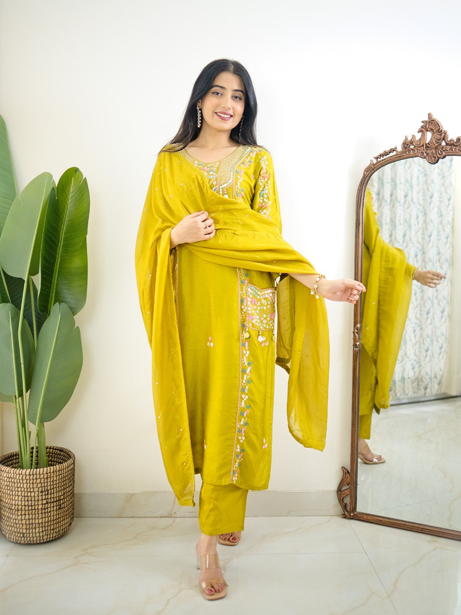 Sia Green Silk Festive HandEmbroidered Pant Set