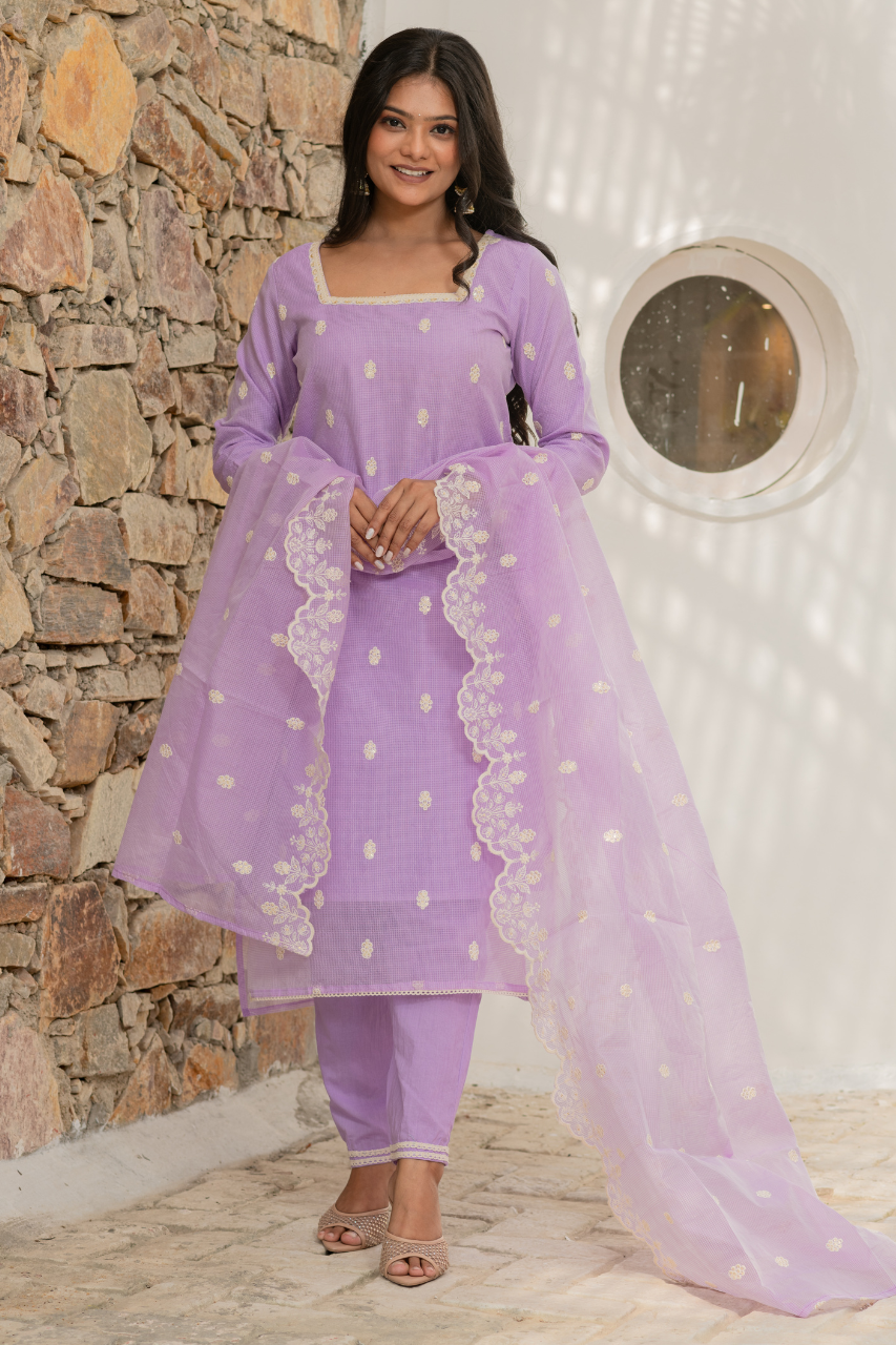 Lavender Kota Doria Embroidered Festive Pant Set