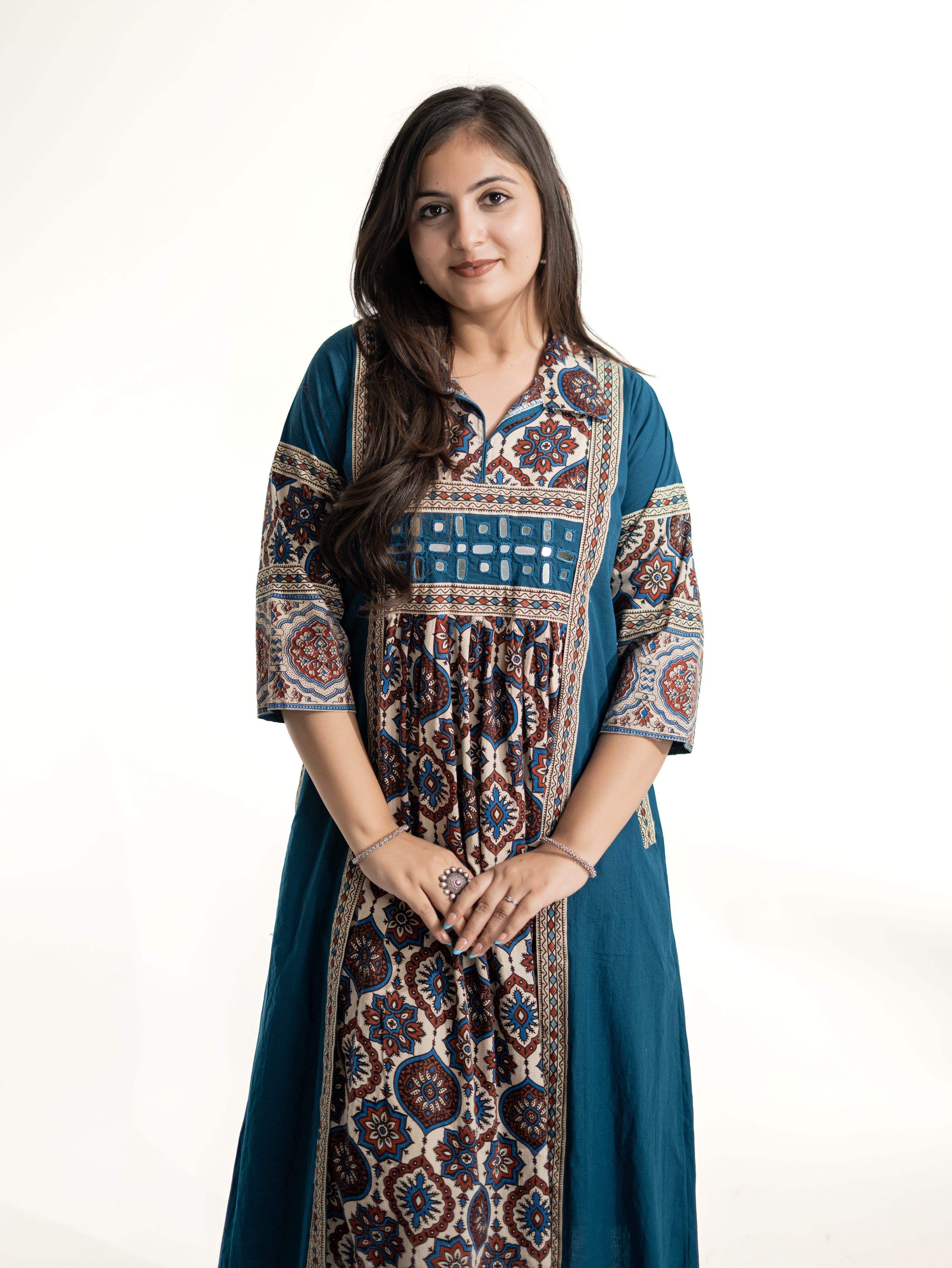 Zasha Blue Cotton Ajrakh Kutch Embroidered A-line Kurta
