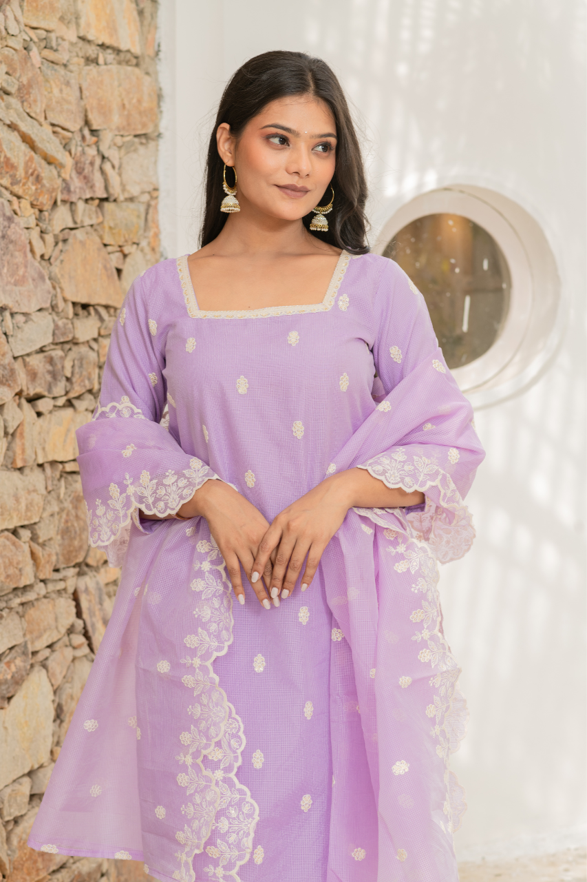 Lavender Kota Doria Embroidered Festive Pant Set