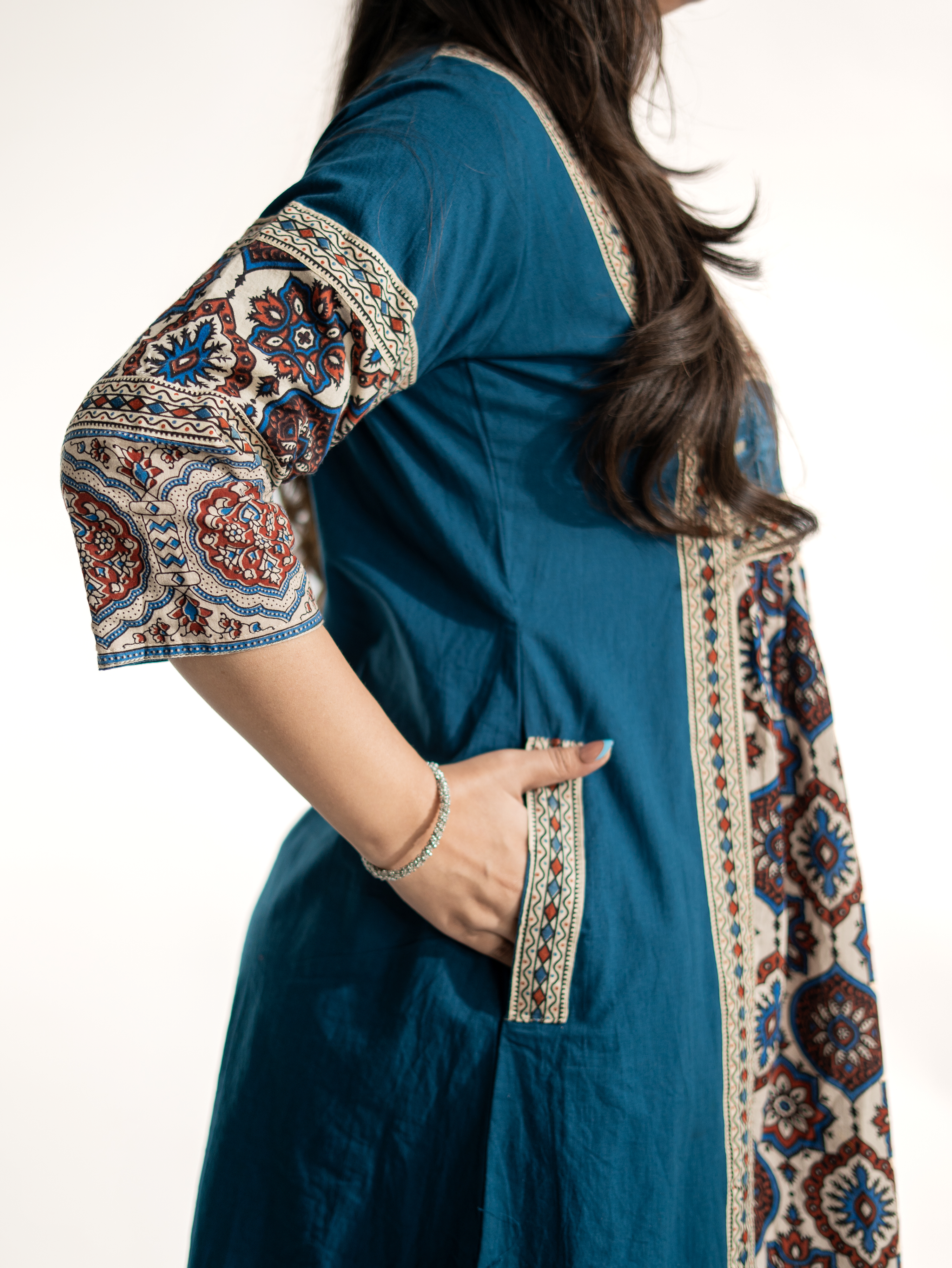 Zasha Blue Cotton Ajrakh Kutch Embroidered A-line Kurta