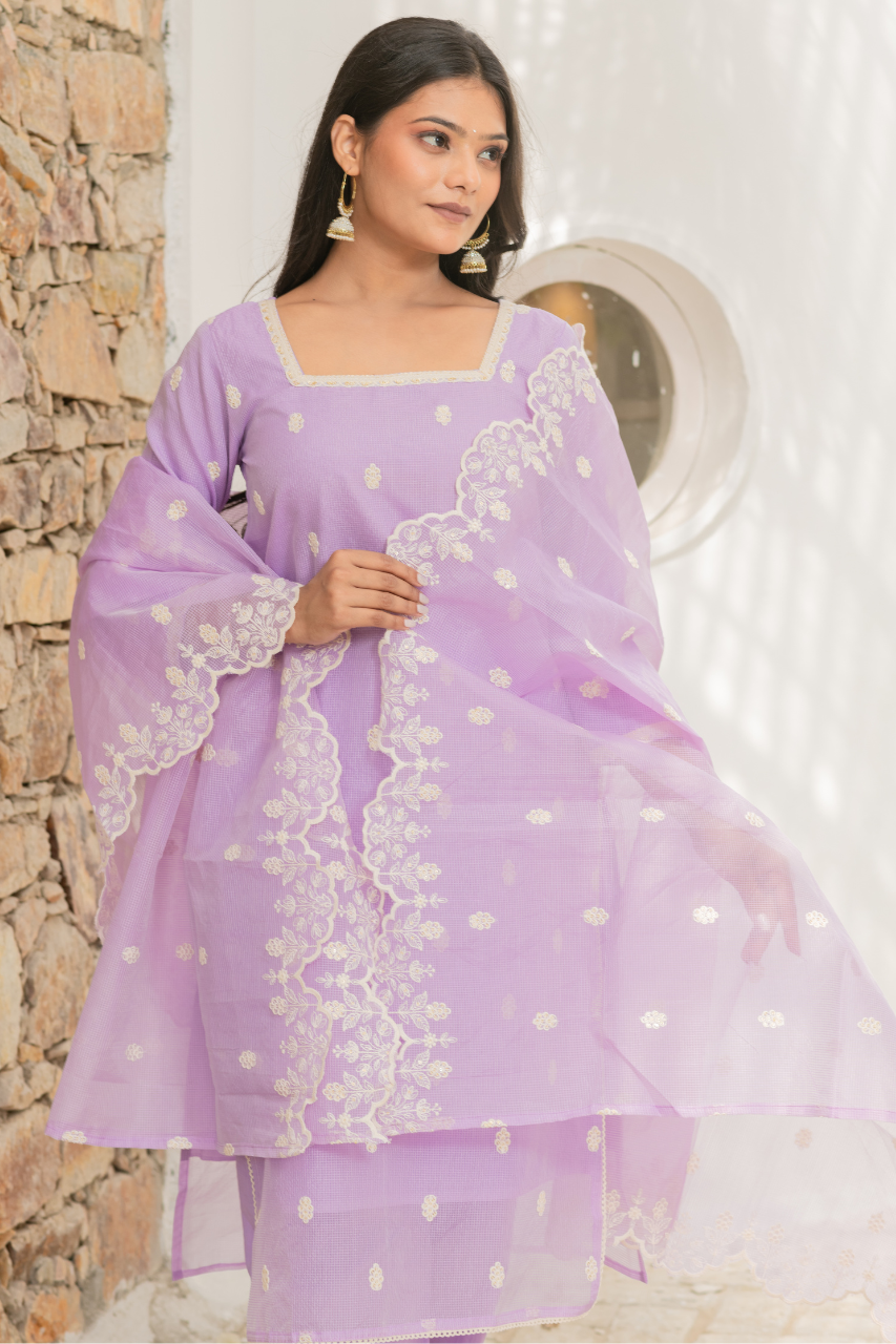 Lavender Kota Doria Embroidered Festive Pant Set