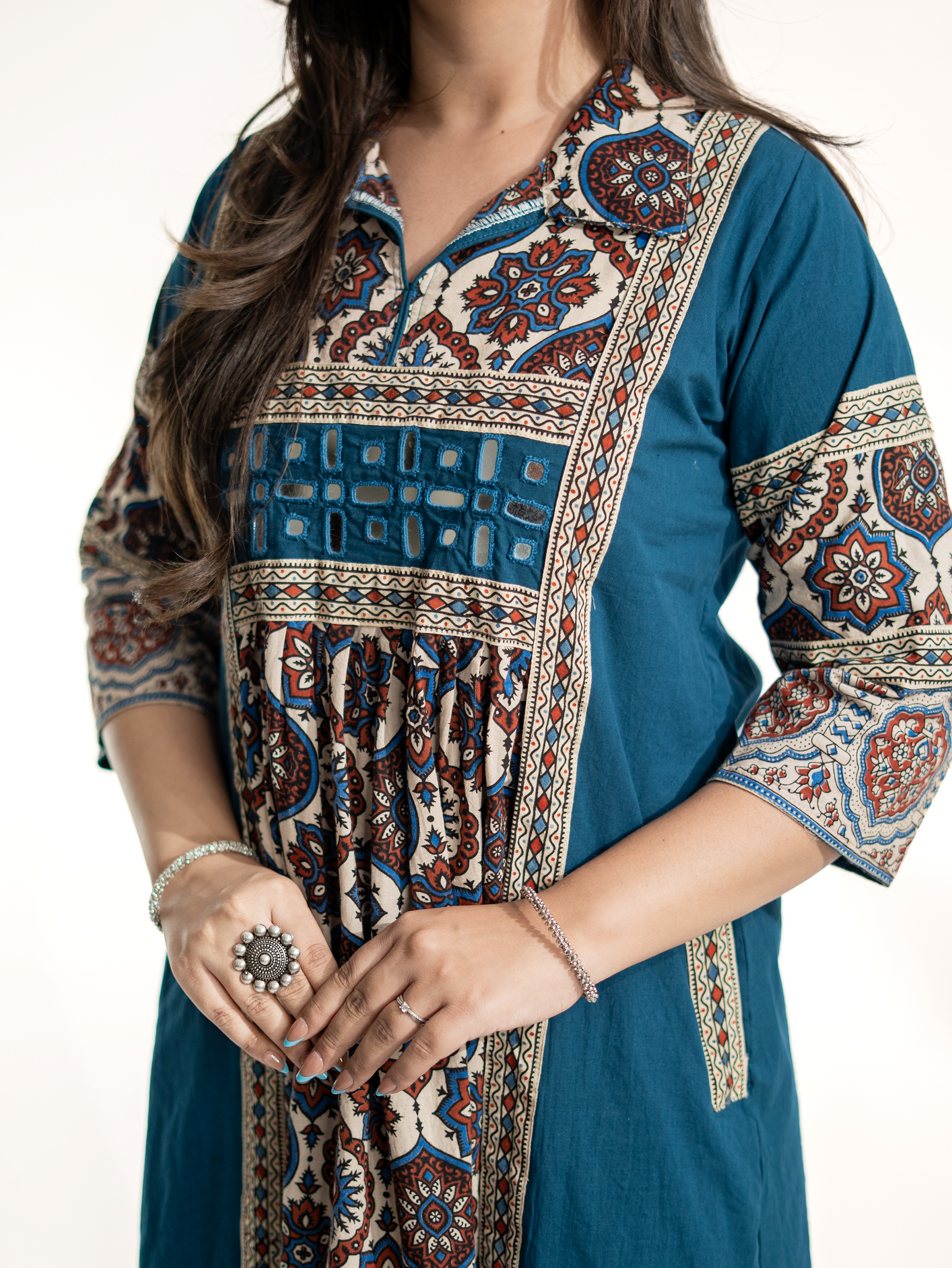 Zasha Blue Cotton Ajrakh Kutch Embroidered A-line Kurta