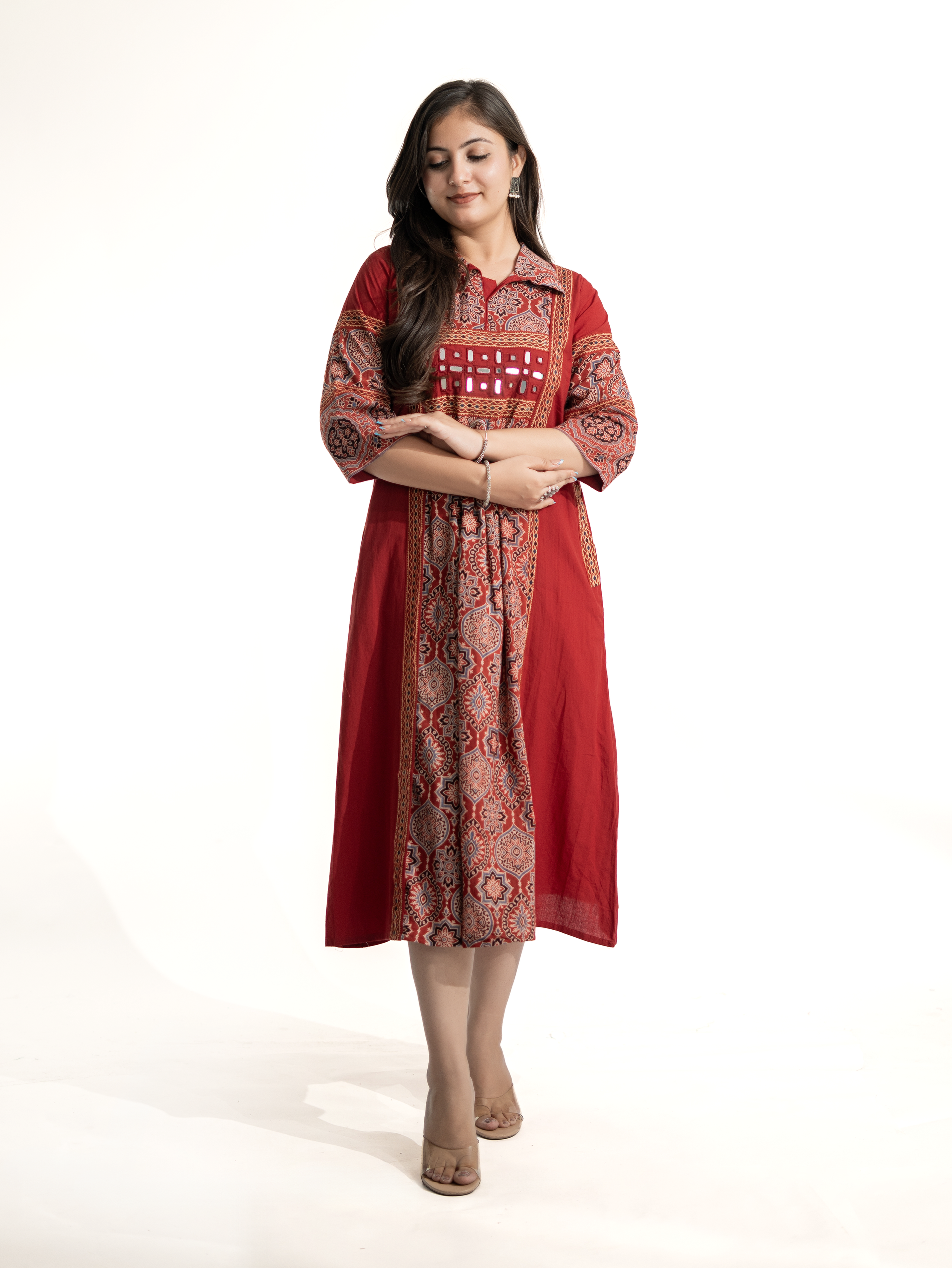 Zasha Red Cotton Ajrakh Kutch Embroidered A-line Kurta