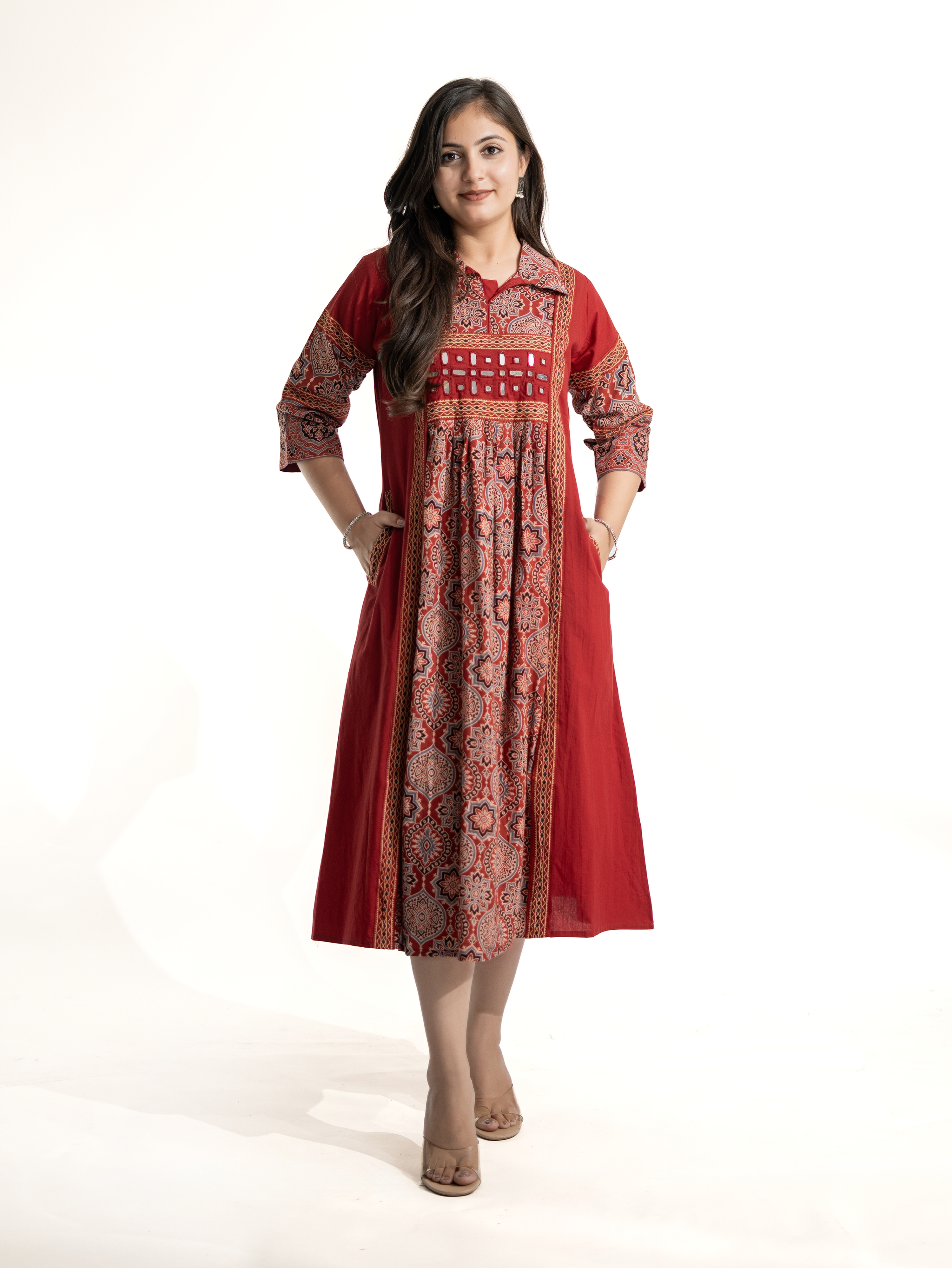 Zasha Red Cotton Ajrakh Kutch Embroidered A-line Kurta
