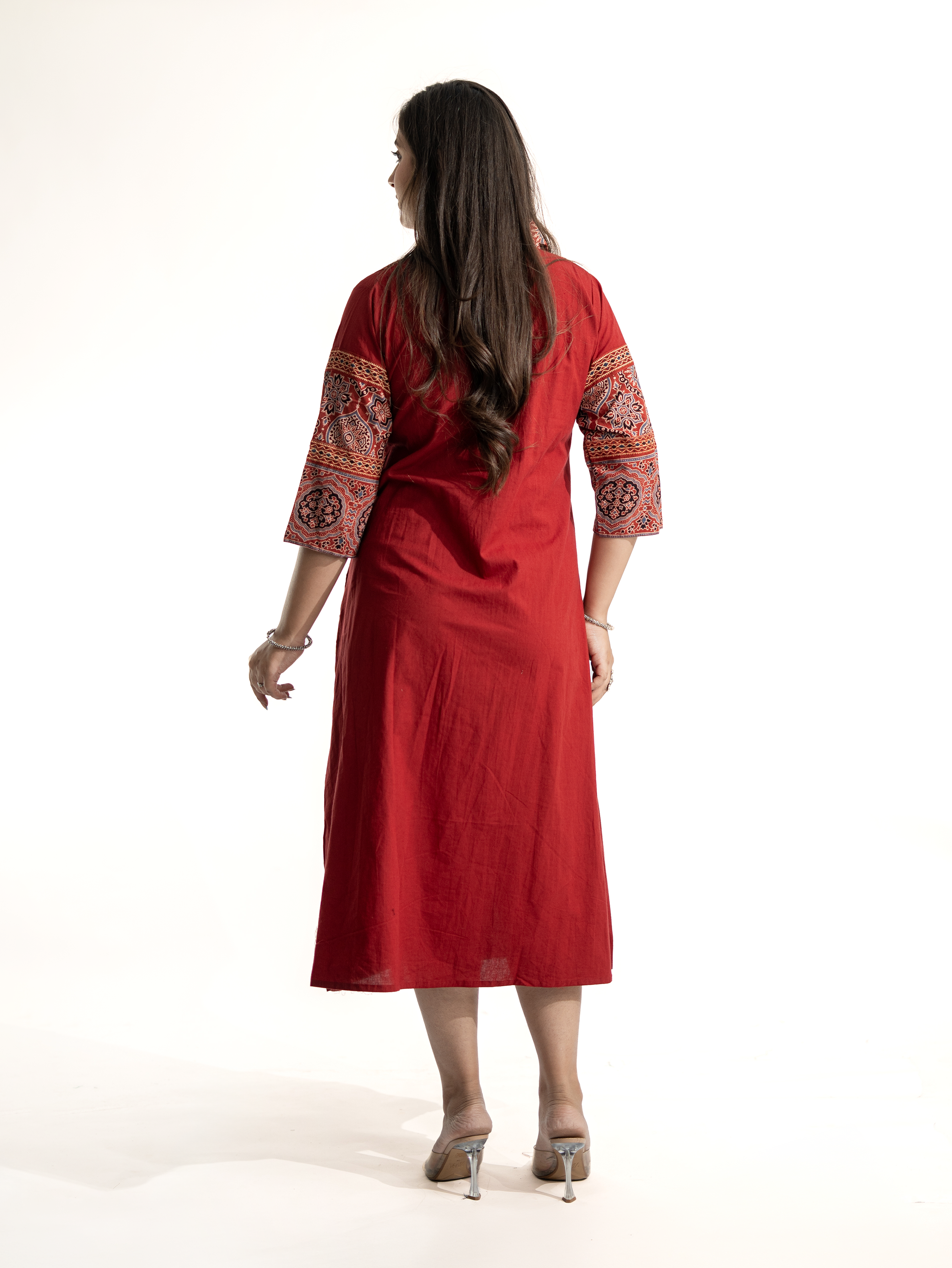 Zasha Red Cotton Ajrakh Kutch Embroidered A-line Kurta
