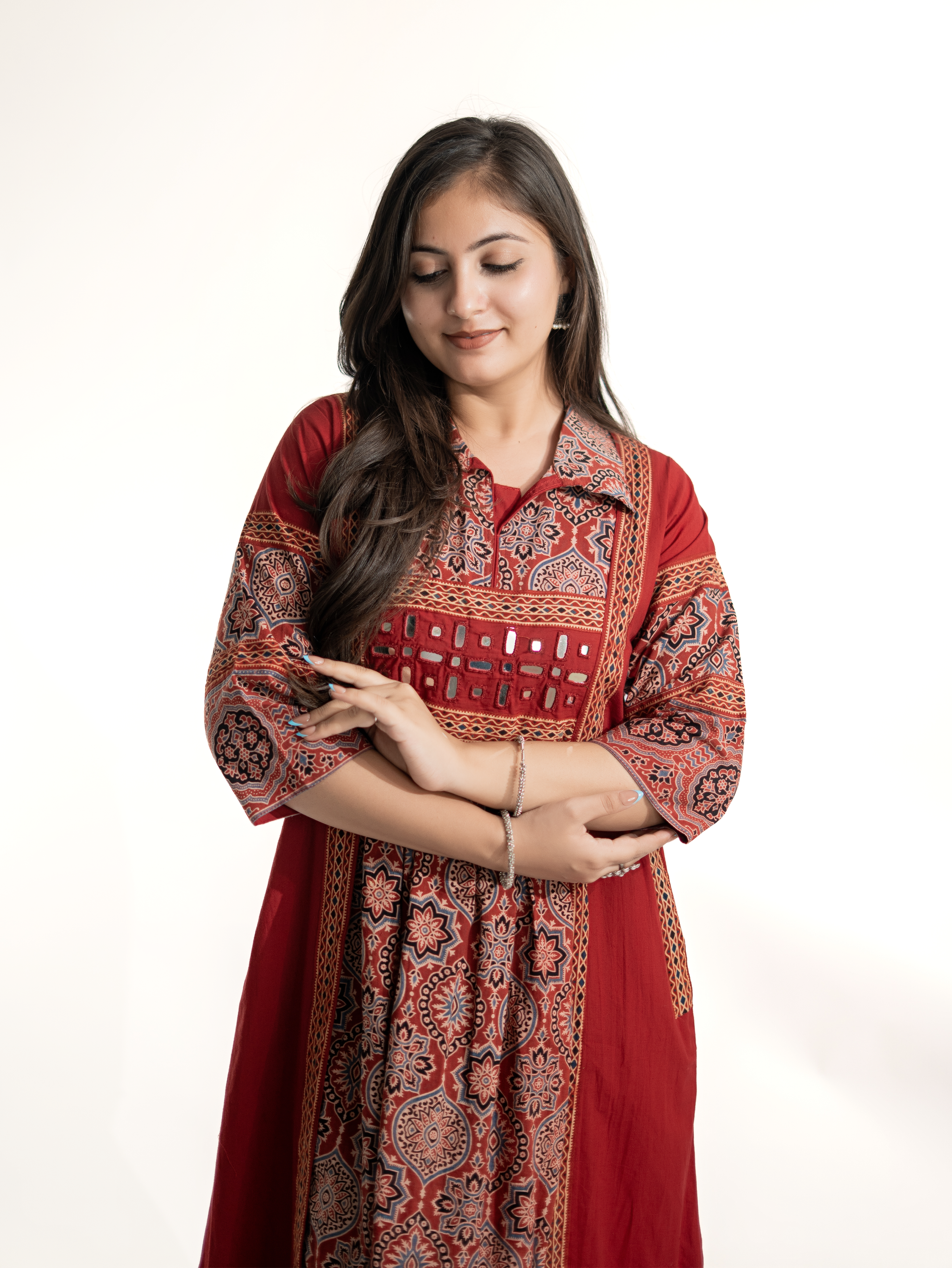 Zasha Red Cotton Ajrakh Kutch Embroidered A-line Kurta