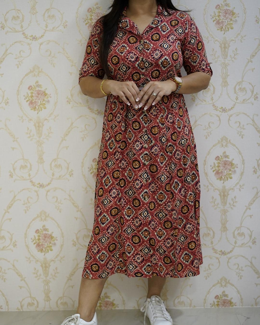 Amara Rayon Short Dress with Belt Red - The Jaipur Studio