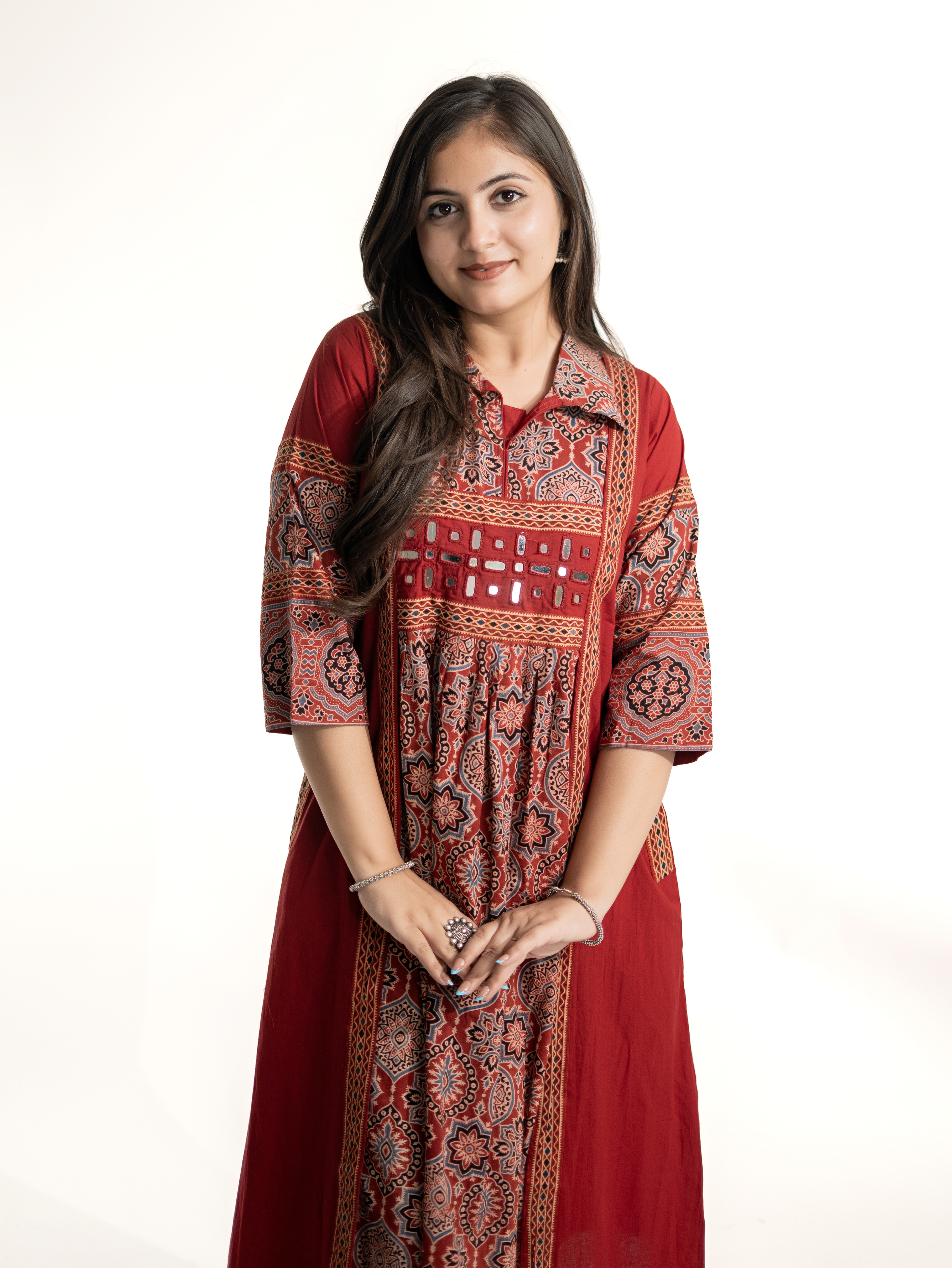 Zasha Red Cotton Ajrakh Kutch Embroidered A-line Kurta