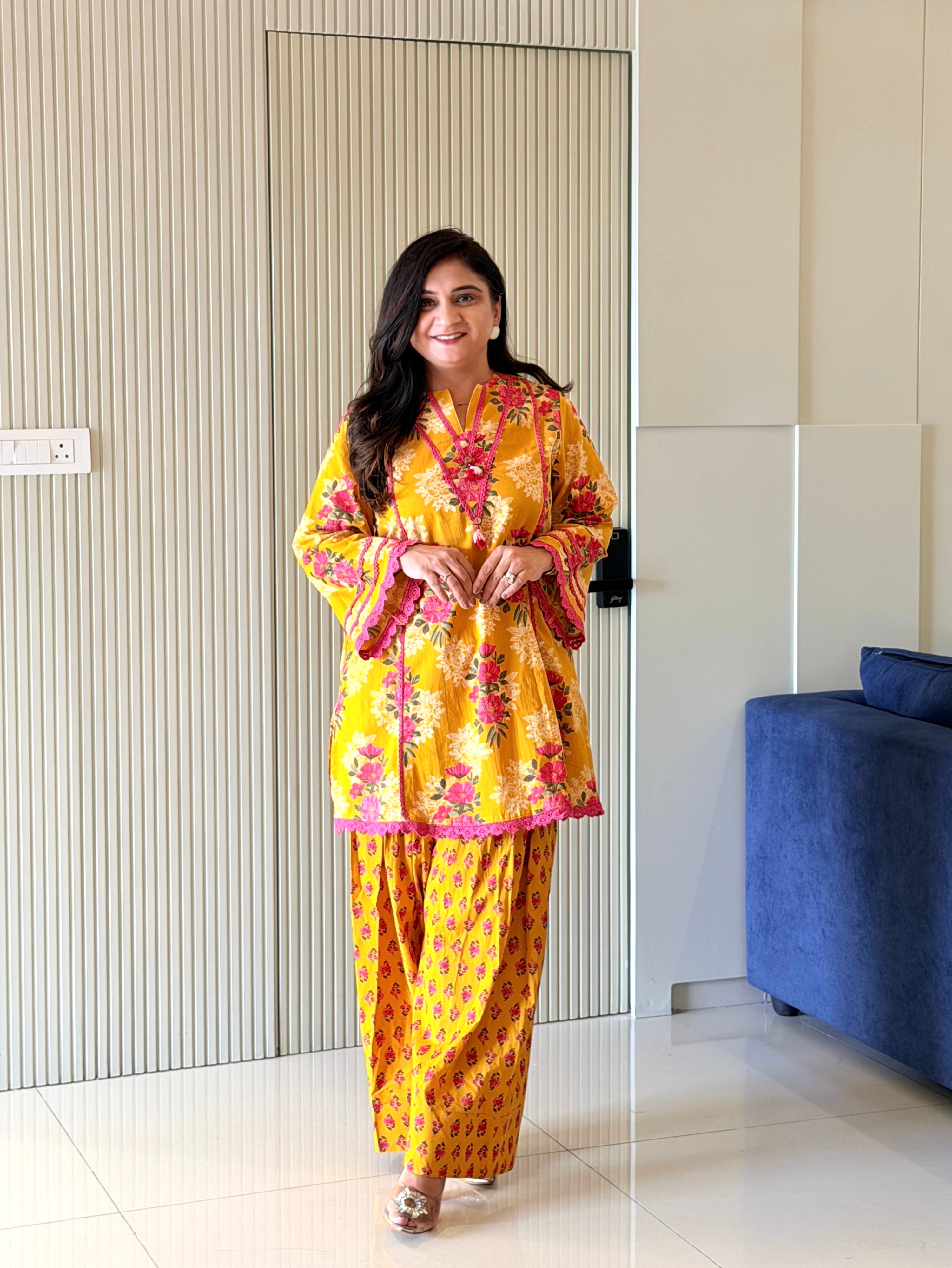 Zubeda Yellow Cotton Floral A-line Farshi Coord Set