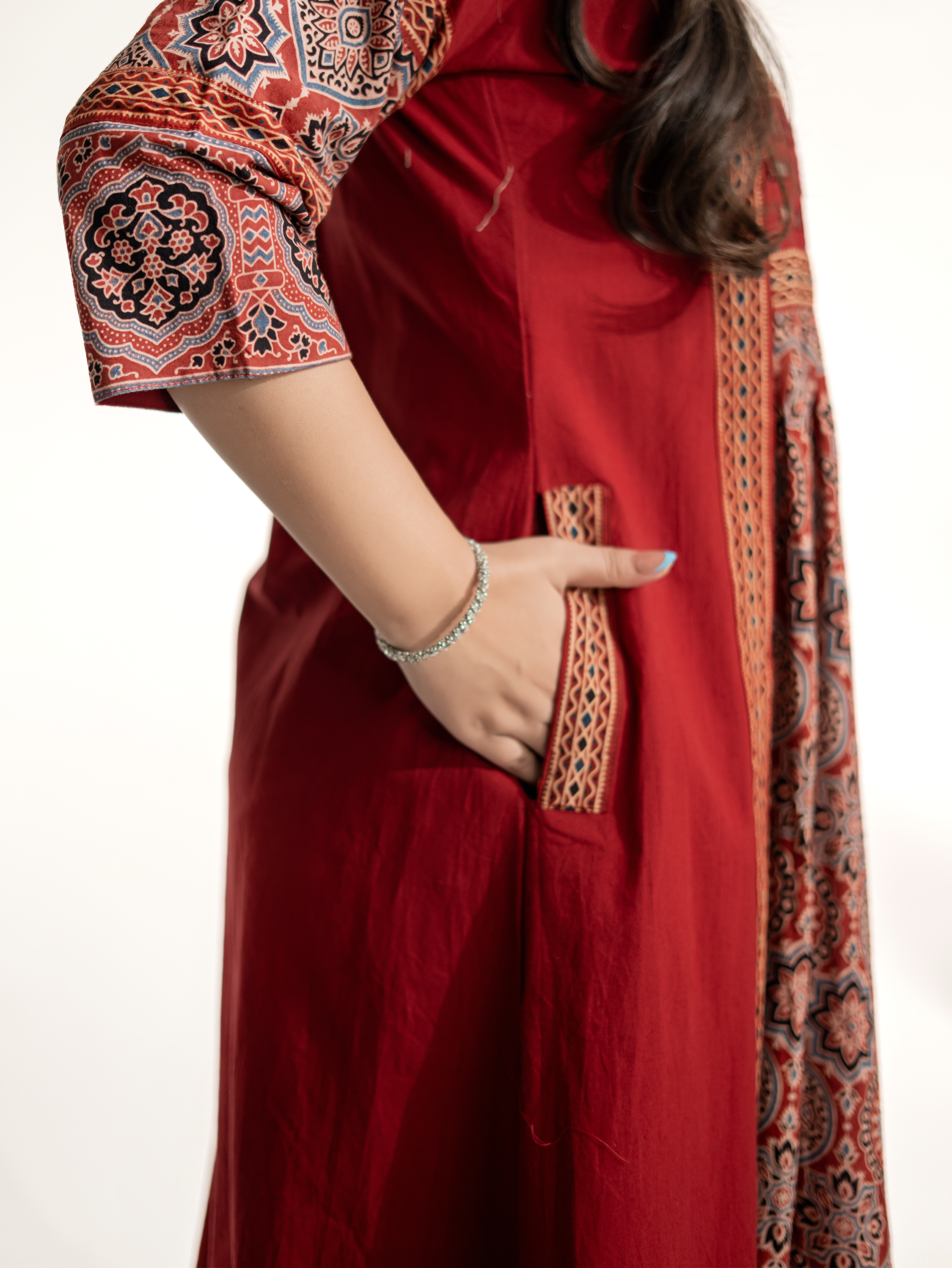 Zasha Red Cotton Ajrakh Kutch Embroidered A-line Kurta