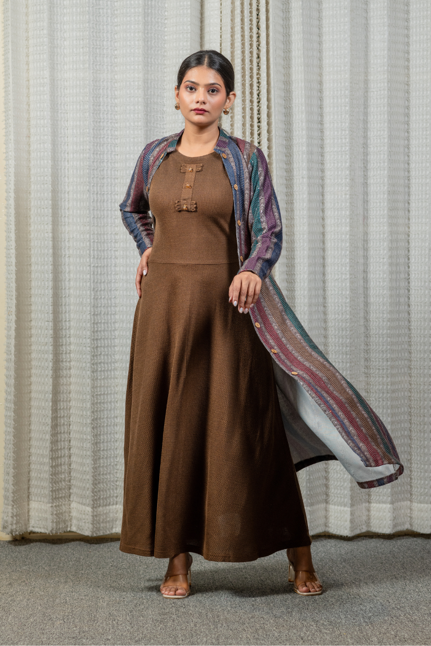 Woollen long Dress with Detachable Long Shrug