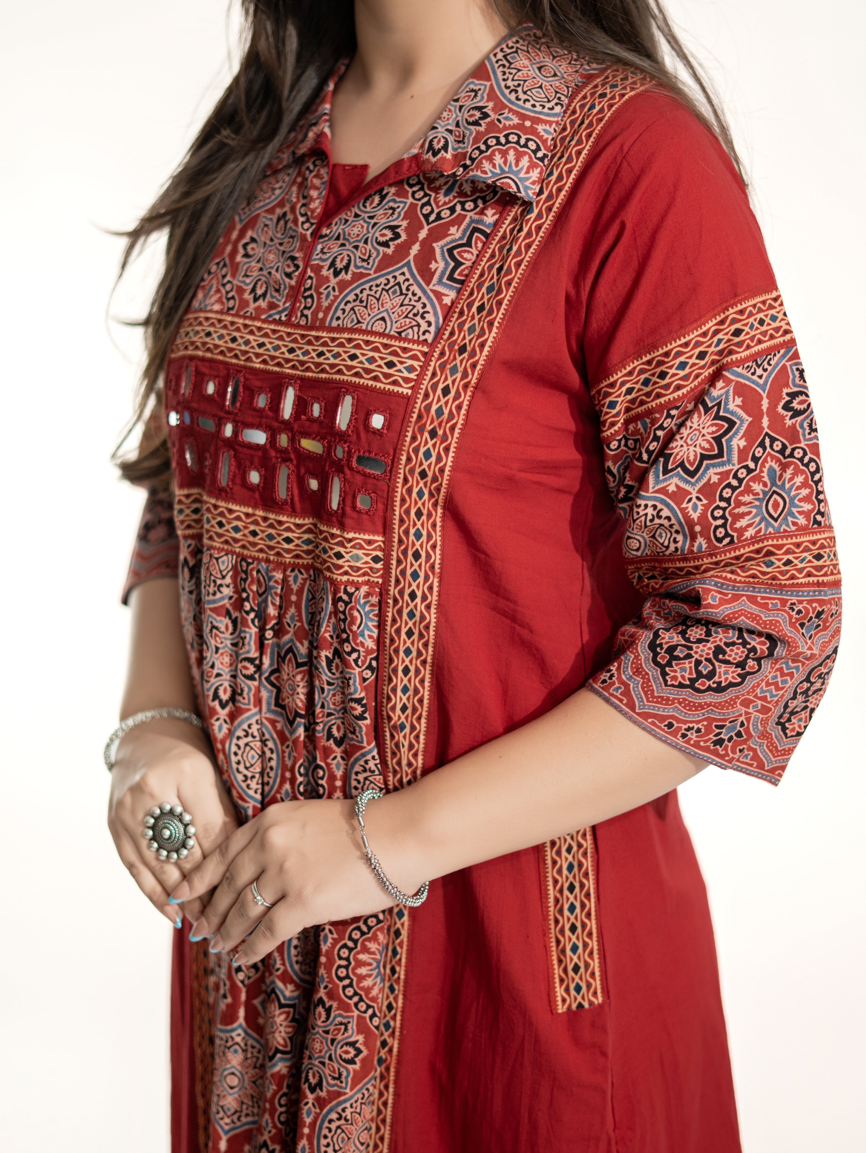 Zasha Red Cotton Ajrakh Kutch Embroidered A-line Kurta