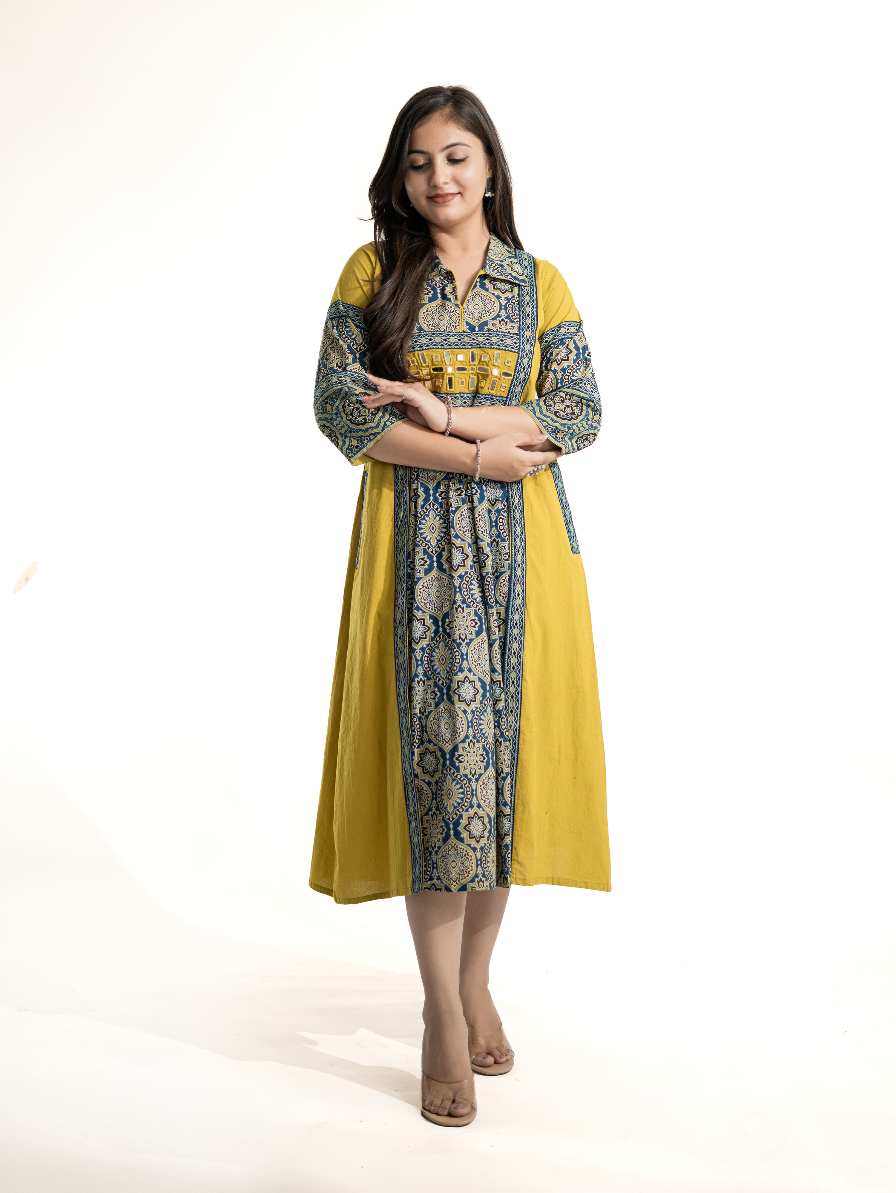 Zasha Mustard Cotton Ajrakh Kutch Embroidered A-line Kurta