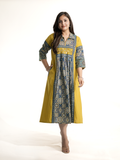 Zasha Mustard Cotton Ajrakh Kutch Embroidered A-line Kurta