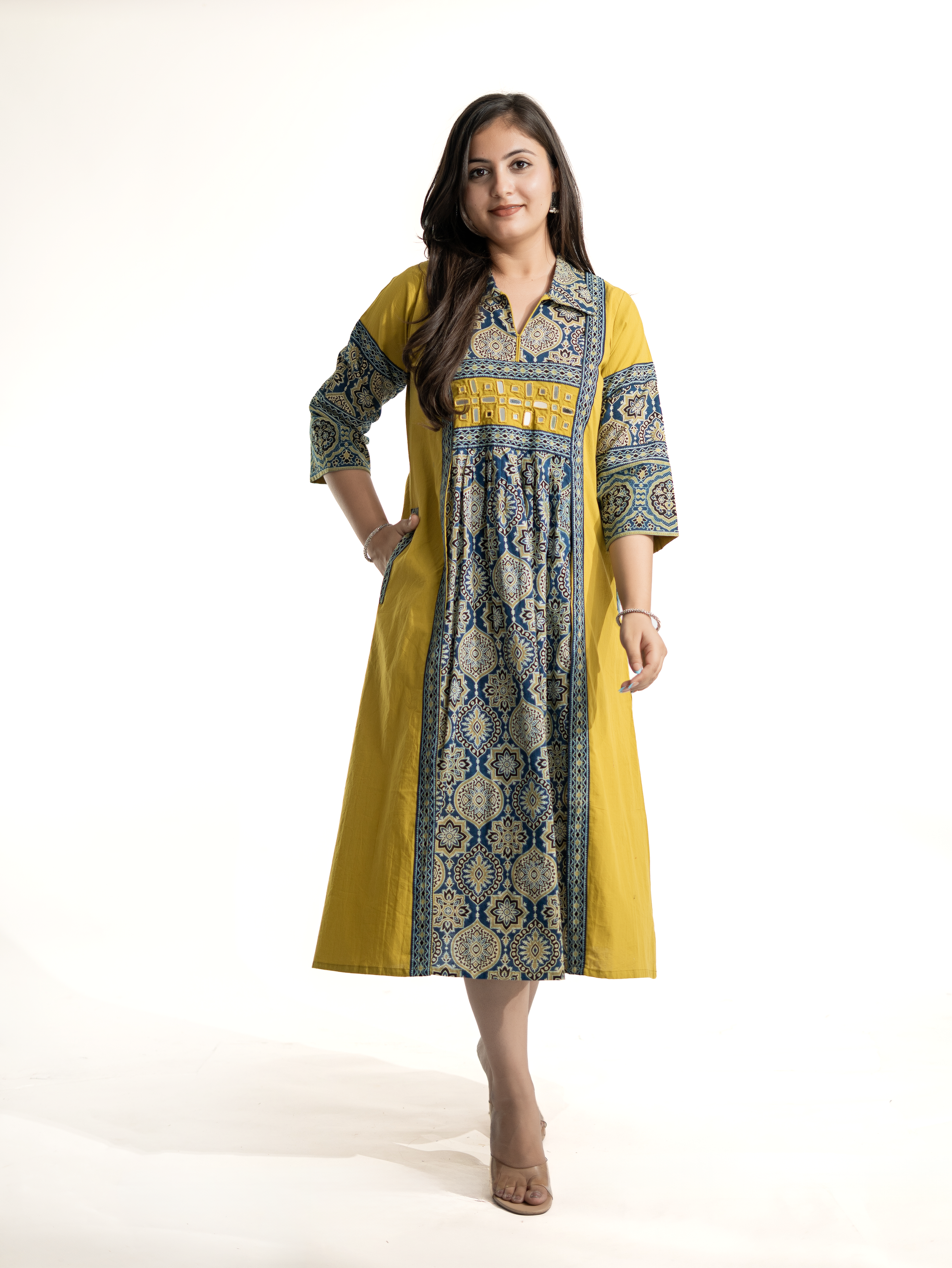 Zasha Mustard Cotton Ajrakh Kutch Embroidered A-line Kurta