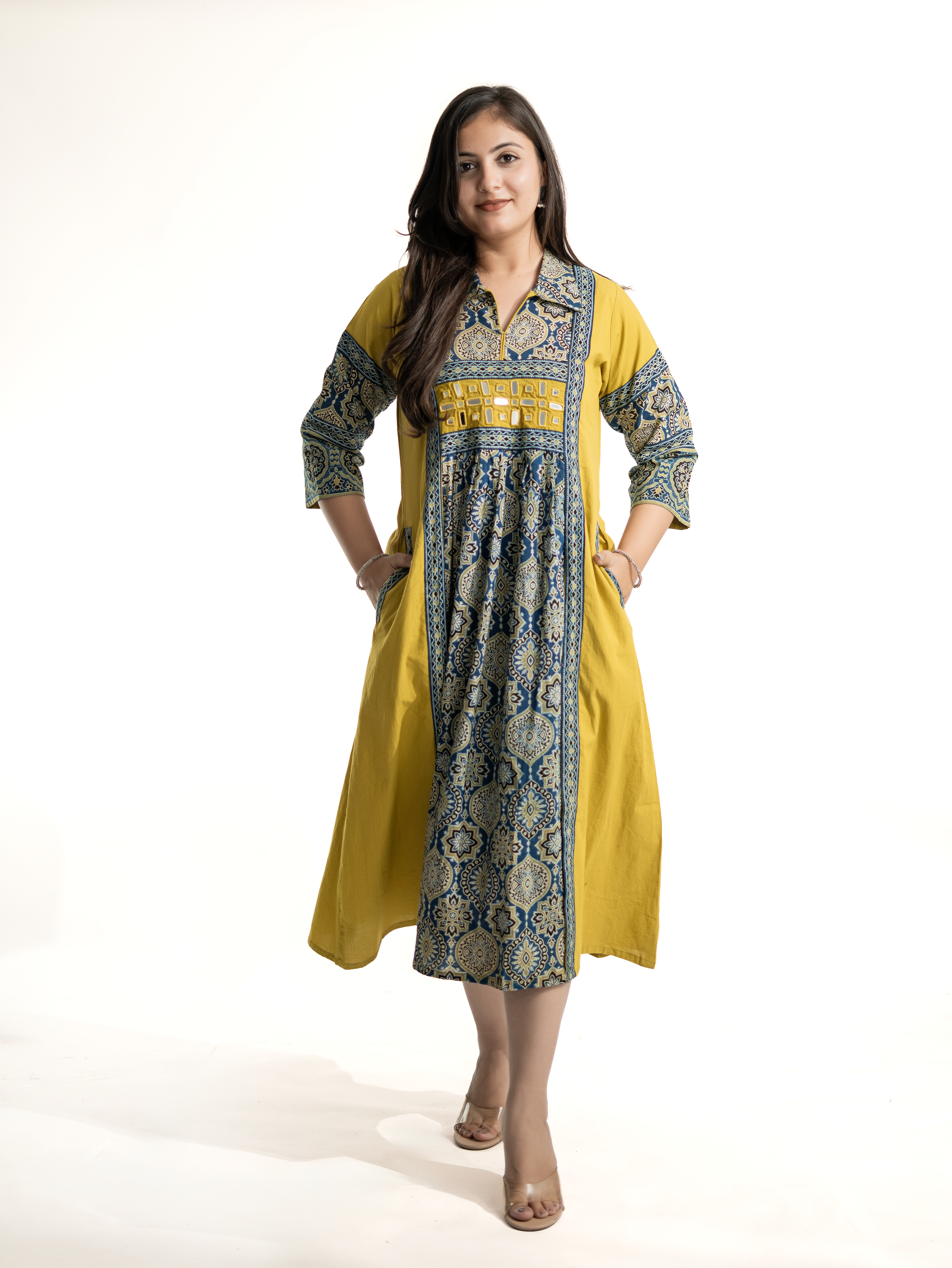 Zasha Mustard Cotton Ajrakh Kutch Embroidered A-line Kurta
