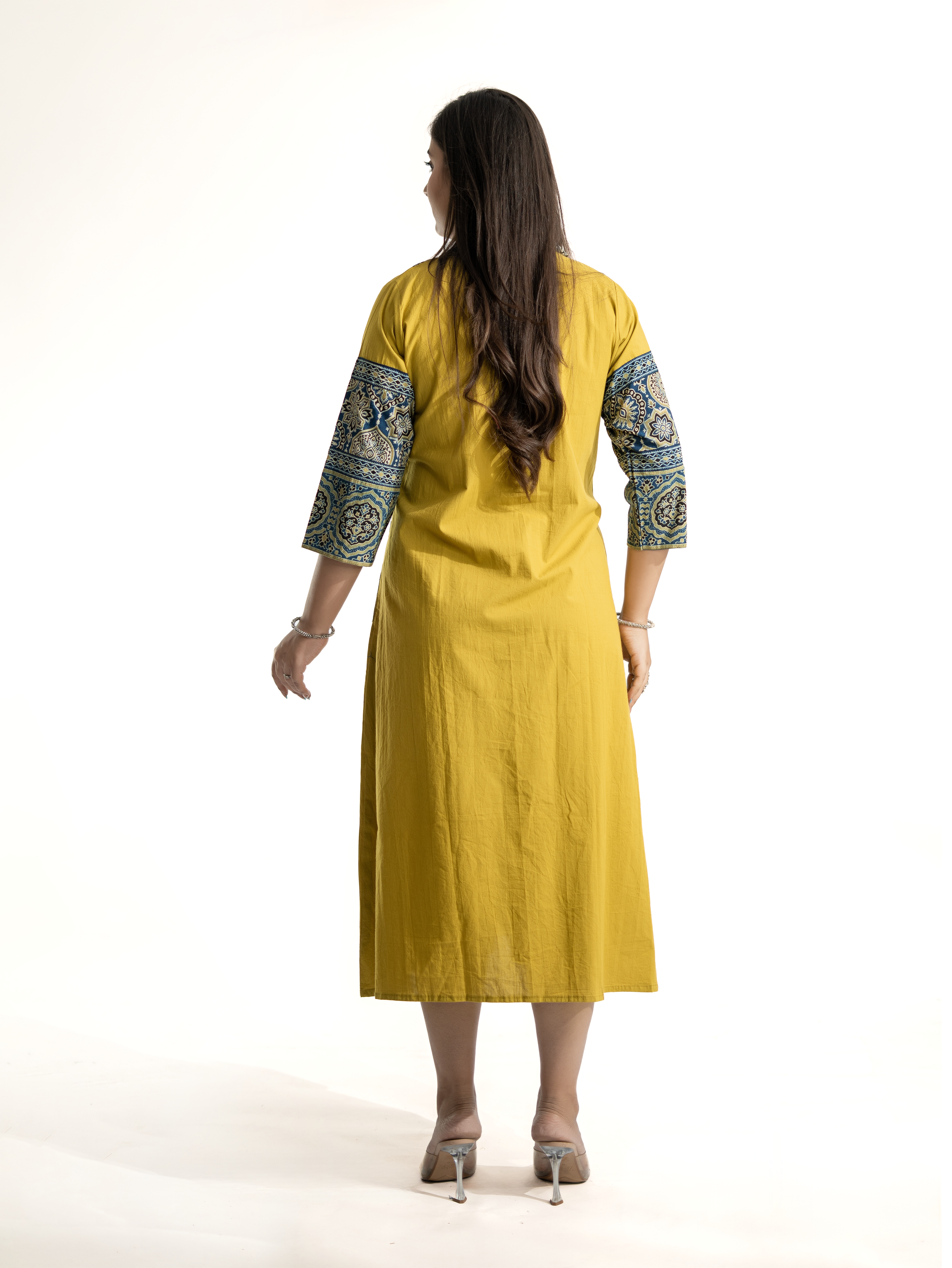 Zasha Mustard Cotton Ajrakh Kutch Embroidered A-line Kurta