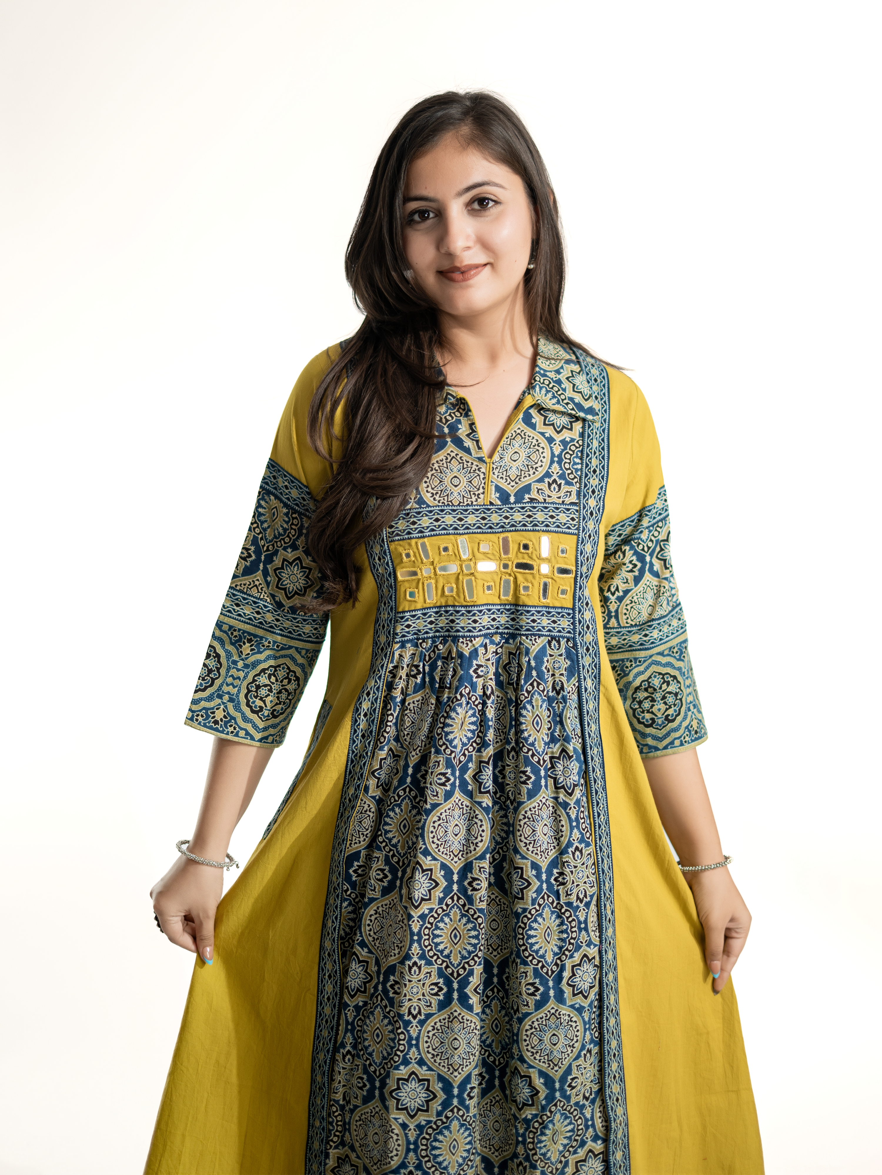 Zasha Mustard Cotton Ajrakh Kutch Embroidered A-line Kurta