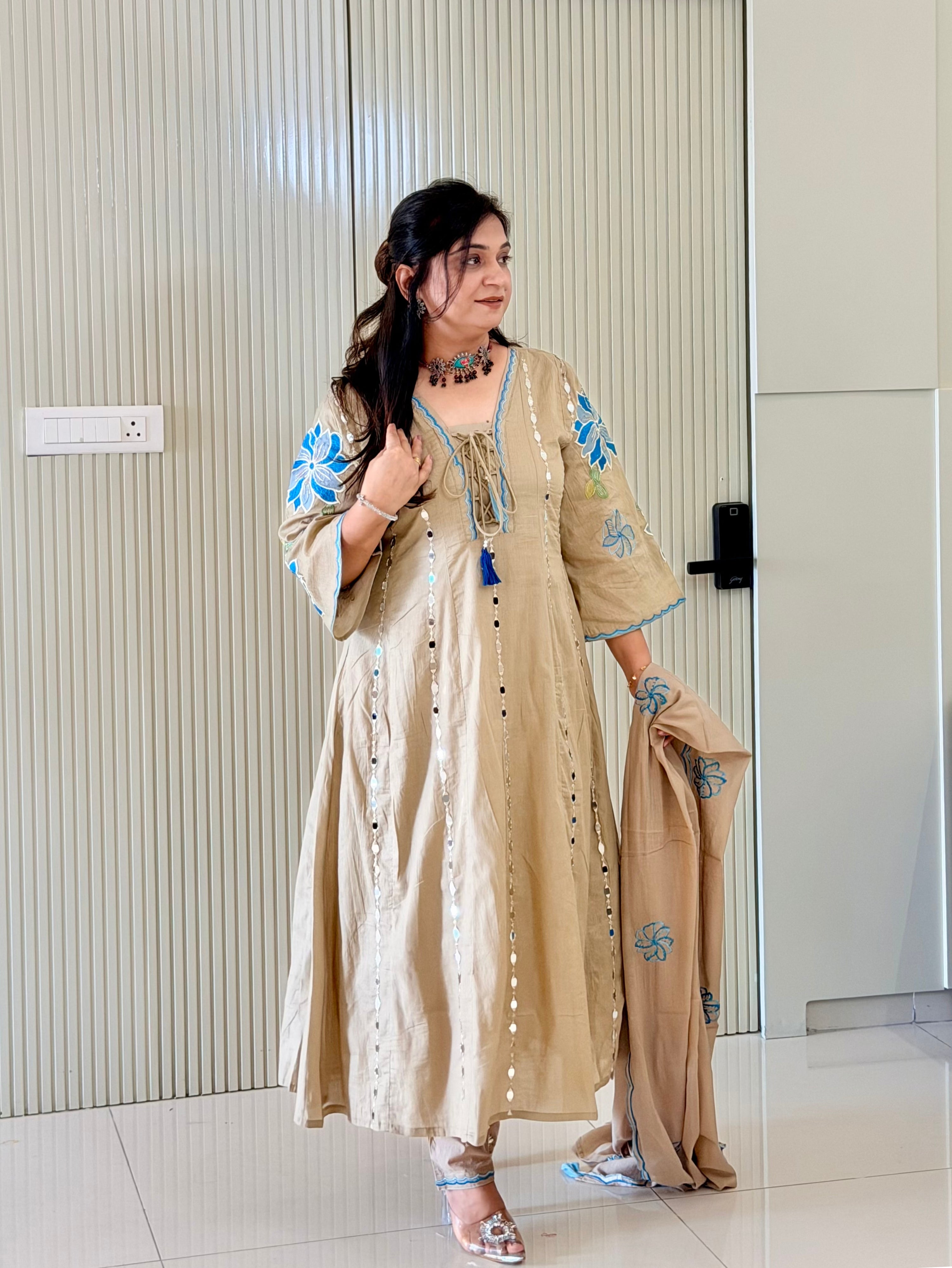 Shifa Beige Mul Cotton Mirror Embroidered Anarkali Dupatta Set