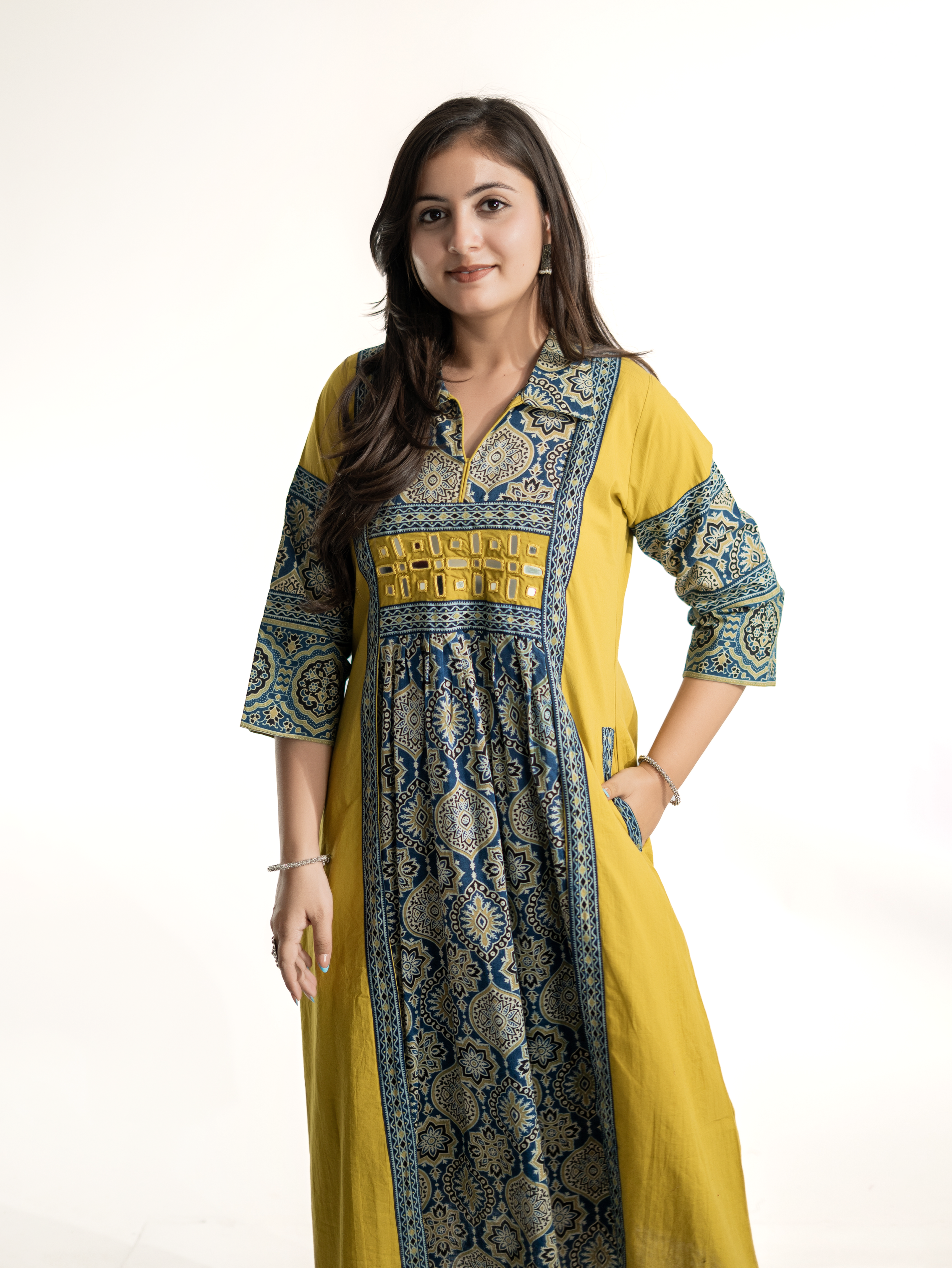 Zasha Mustard Cotton Ajrakh Kutch Embroidered A-line Kurta