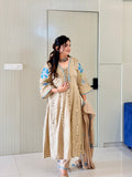 Shifa Beige Mul Cotton Mirror Embroidered Anarkali Dupatta Set