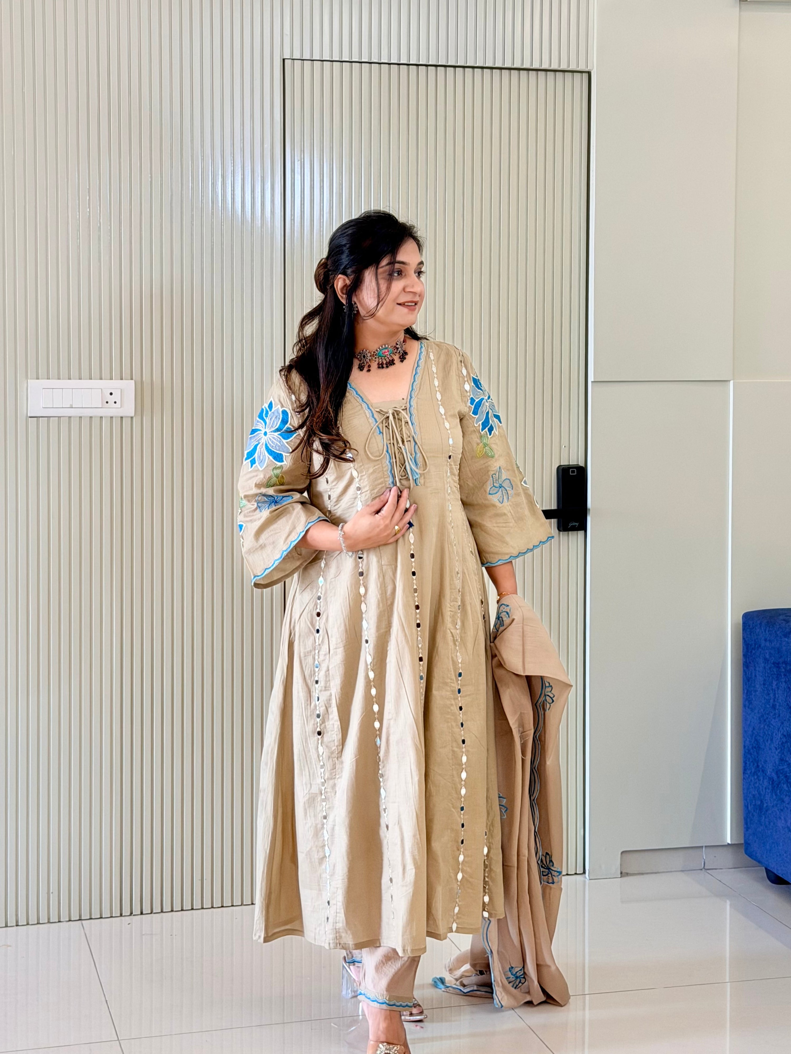 Shifa Beige Mul Cotton Mirror Embroidered Anarkali Dupatta Set