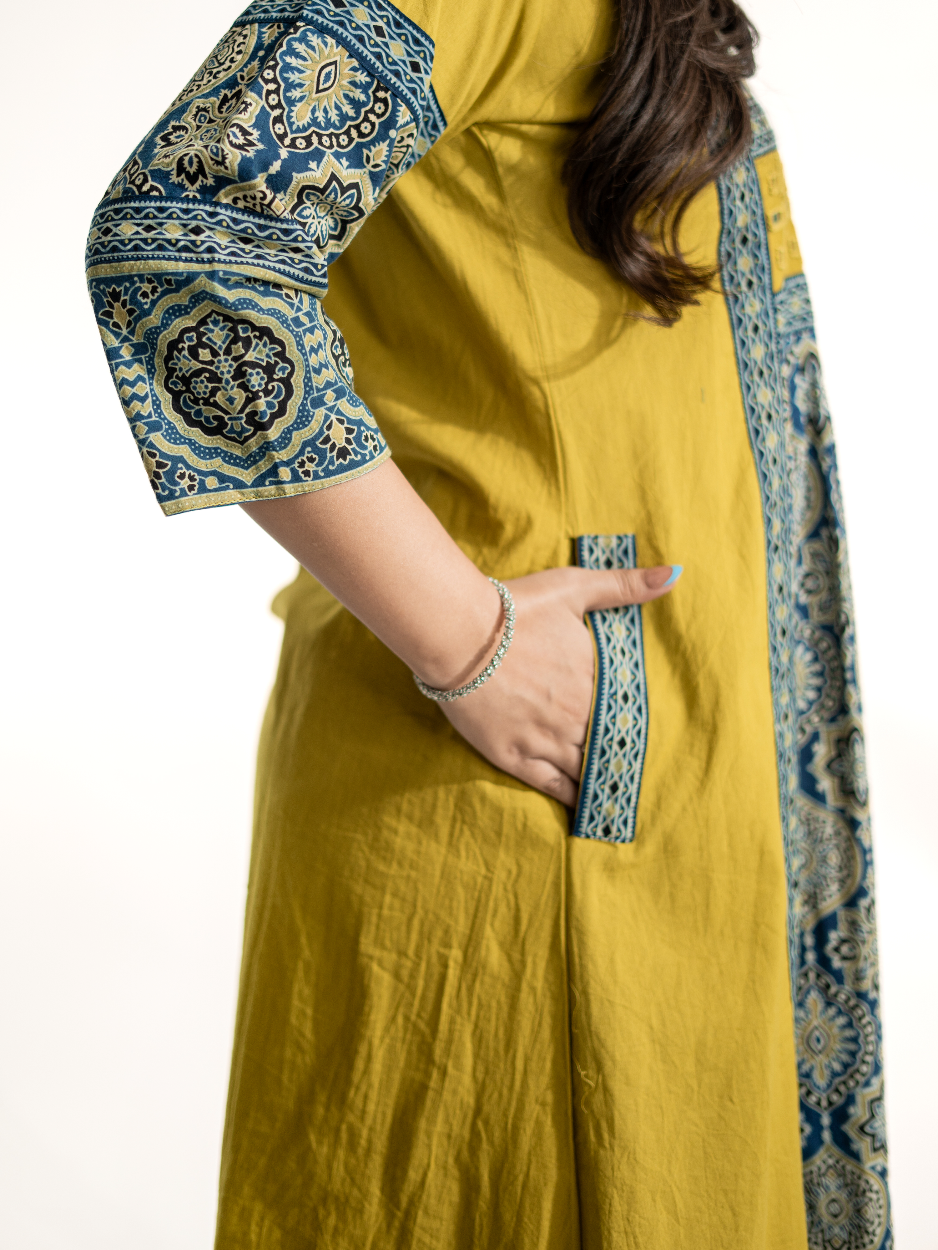 Zasha Mustard Cotton Ajrakh Kutch Embroidered A-line Kurta
