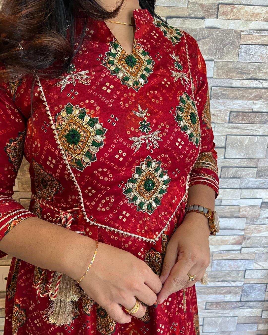 Bandhani Cotton Embroidered Long Dress Red - The Jaipur Studio