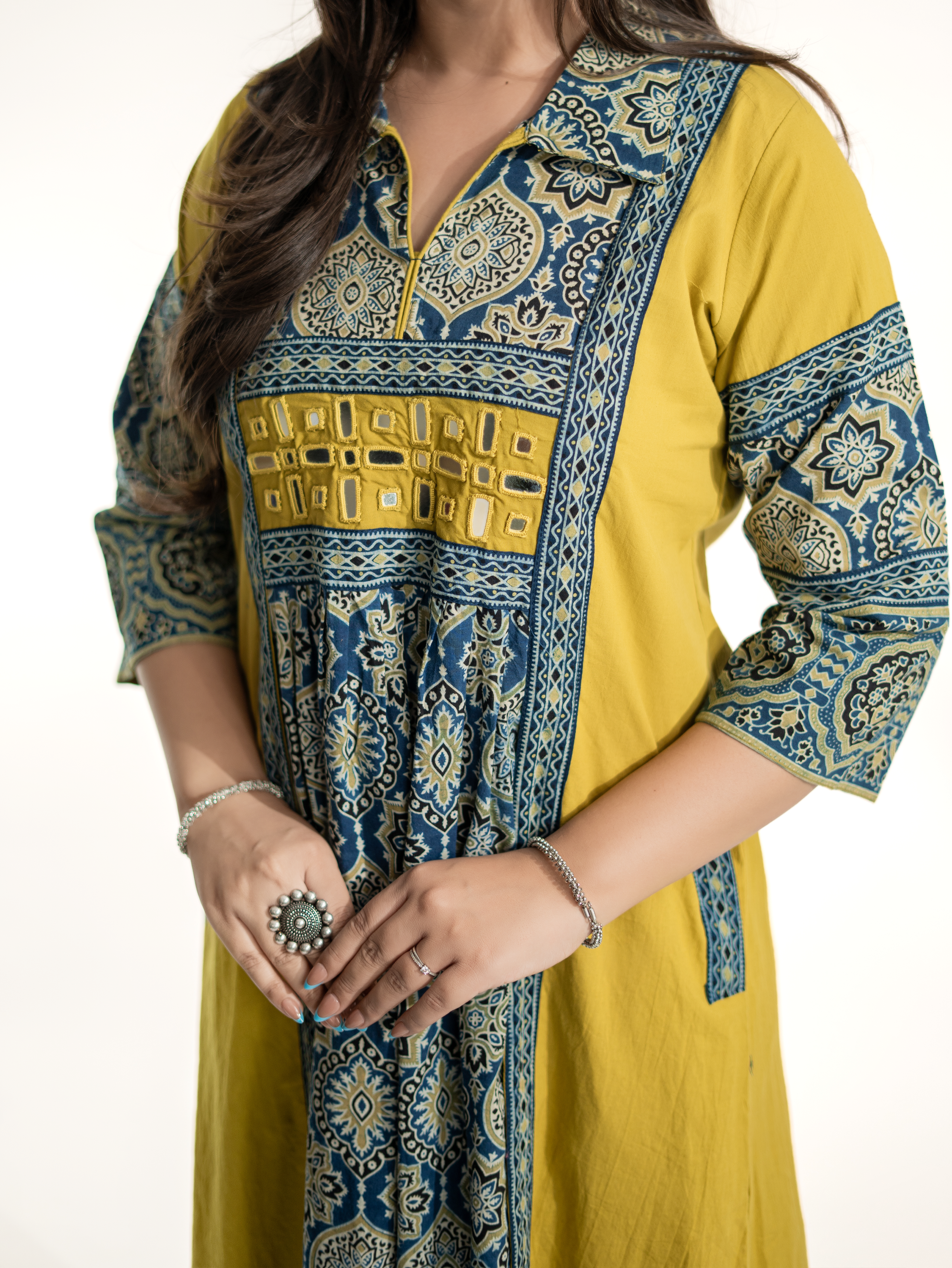 Zasha Mustard Cotton Ajrakh Kutch Embroidered A-line Kurta