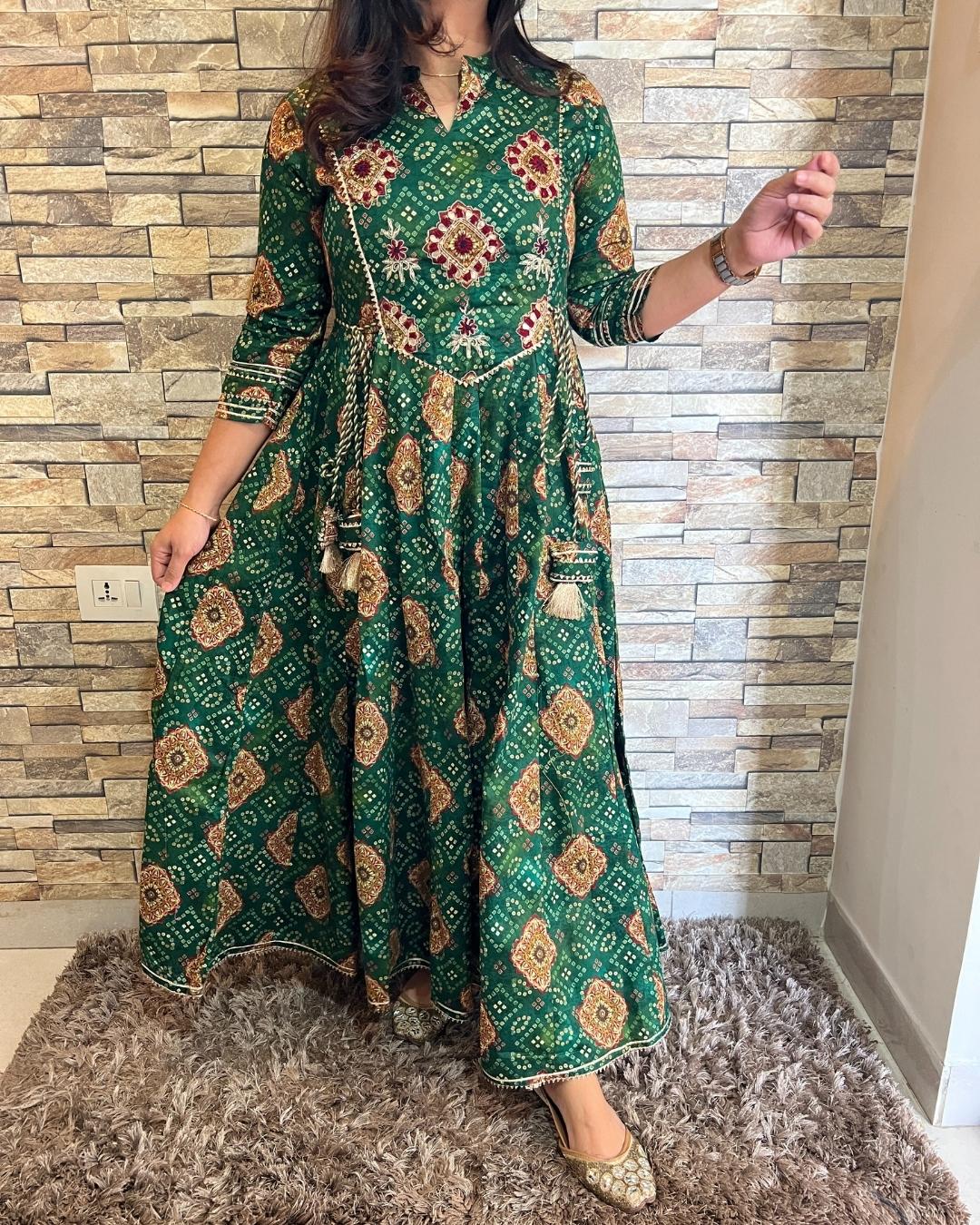 Bandhani Cotton Embroidered Long Dress Green - The Jaipur Studio