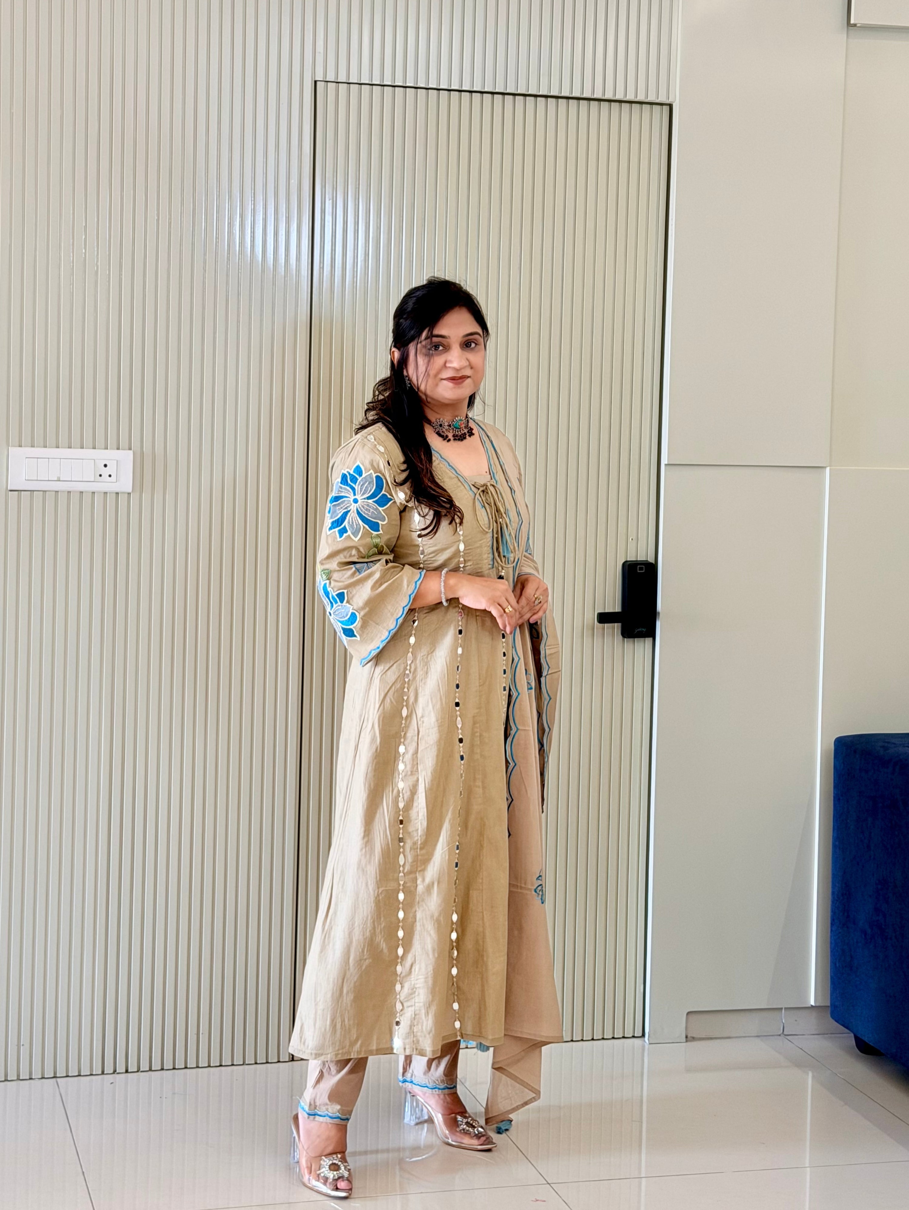 Shifa Beige Mul Cotton Mirror Embroidered Anarkali Dupatta Set