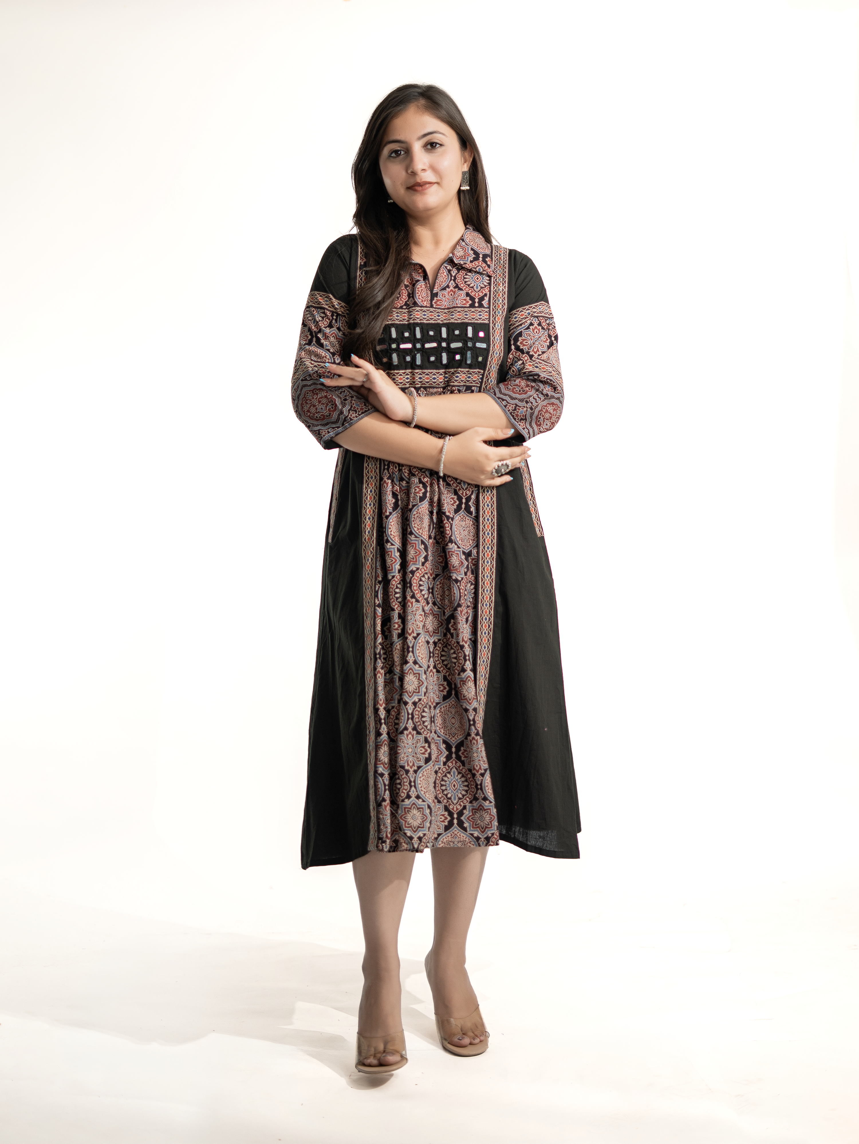 Zasha Black Cotton Ajrakh Kutch Embroidered A-line Kurta