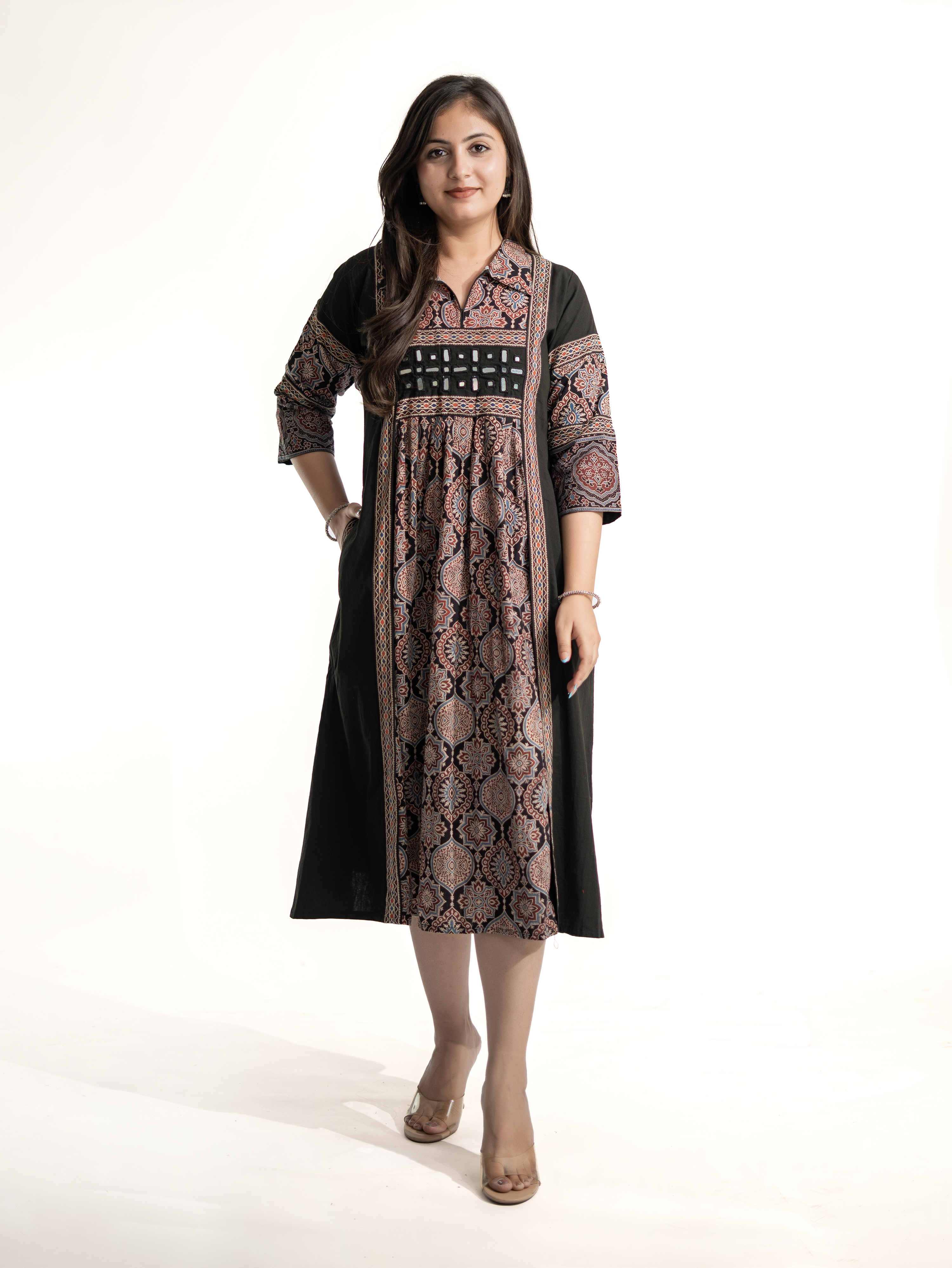 Zasha Black Cotton Ajrakh Kutch Embroidered A-line Kurta