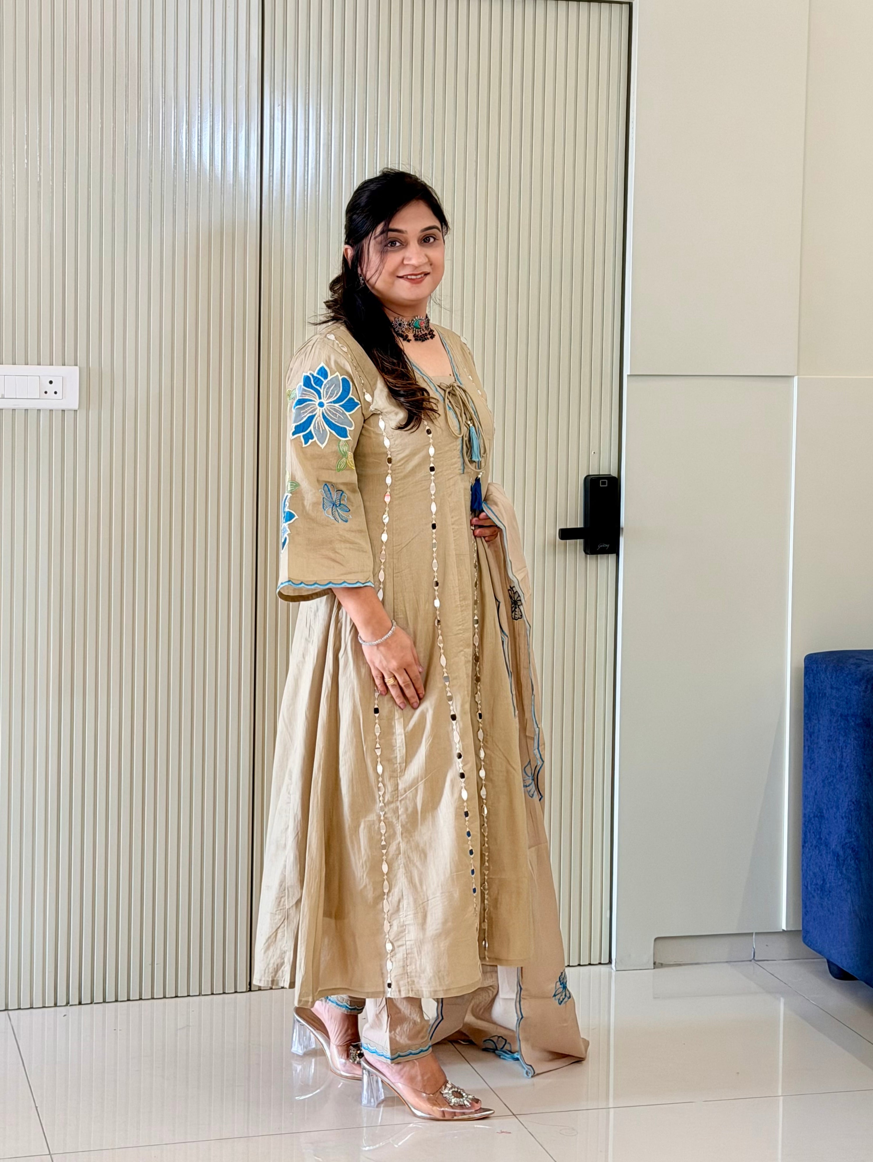 Shifa Beige Mul Cotton Mirror Embroidered Anarkali Dupatta Set
