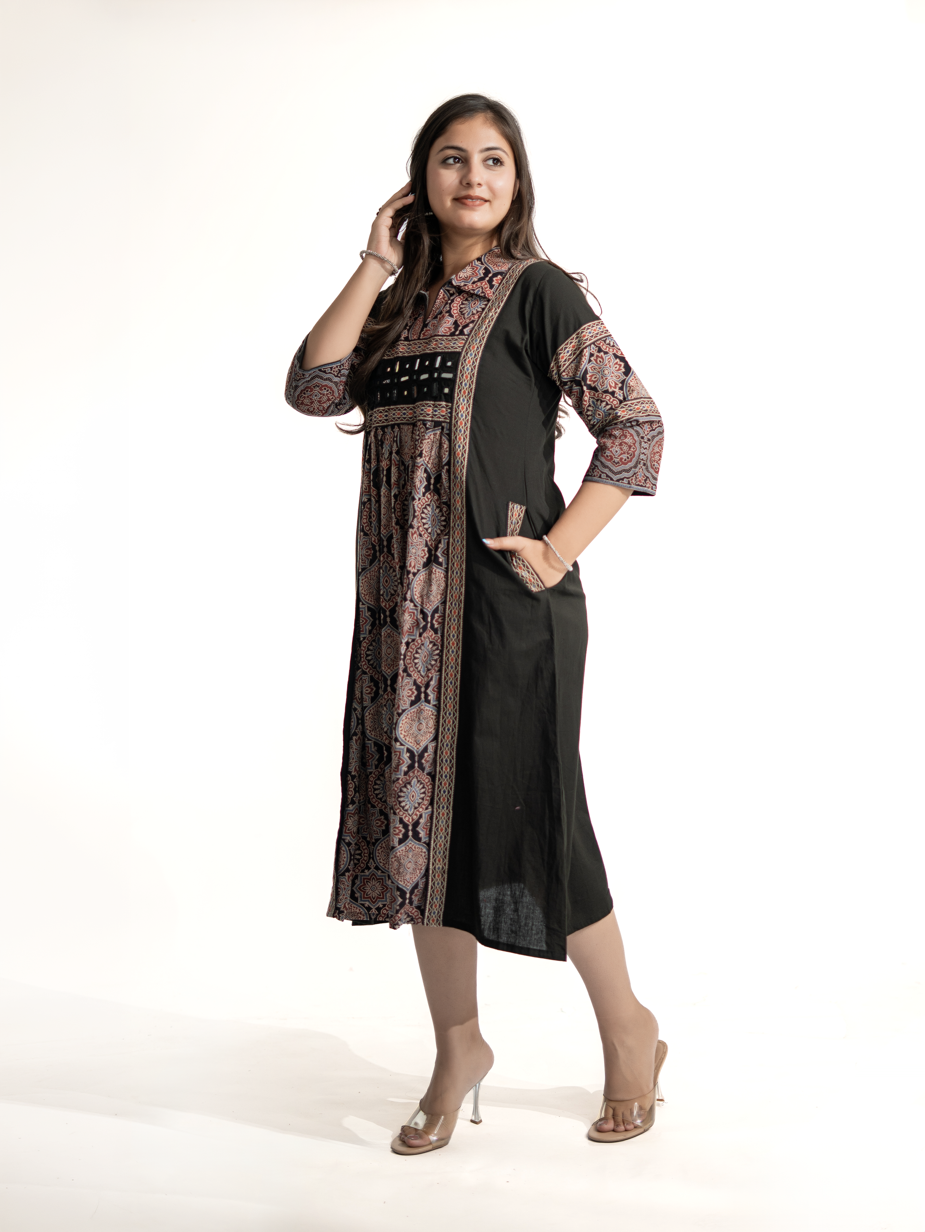 Zasha Black Cotton Ajrakh Kutch Embroidered A-line Kurta