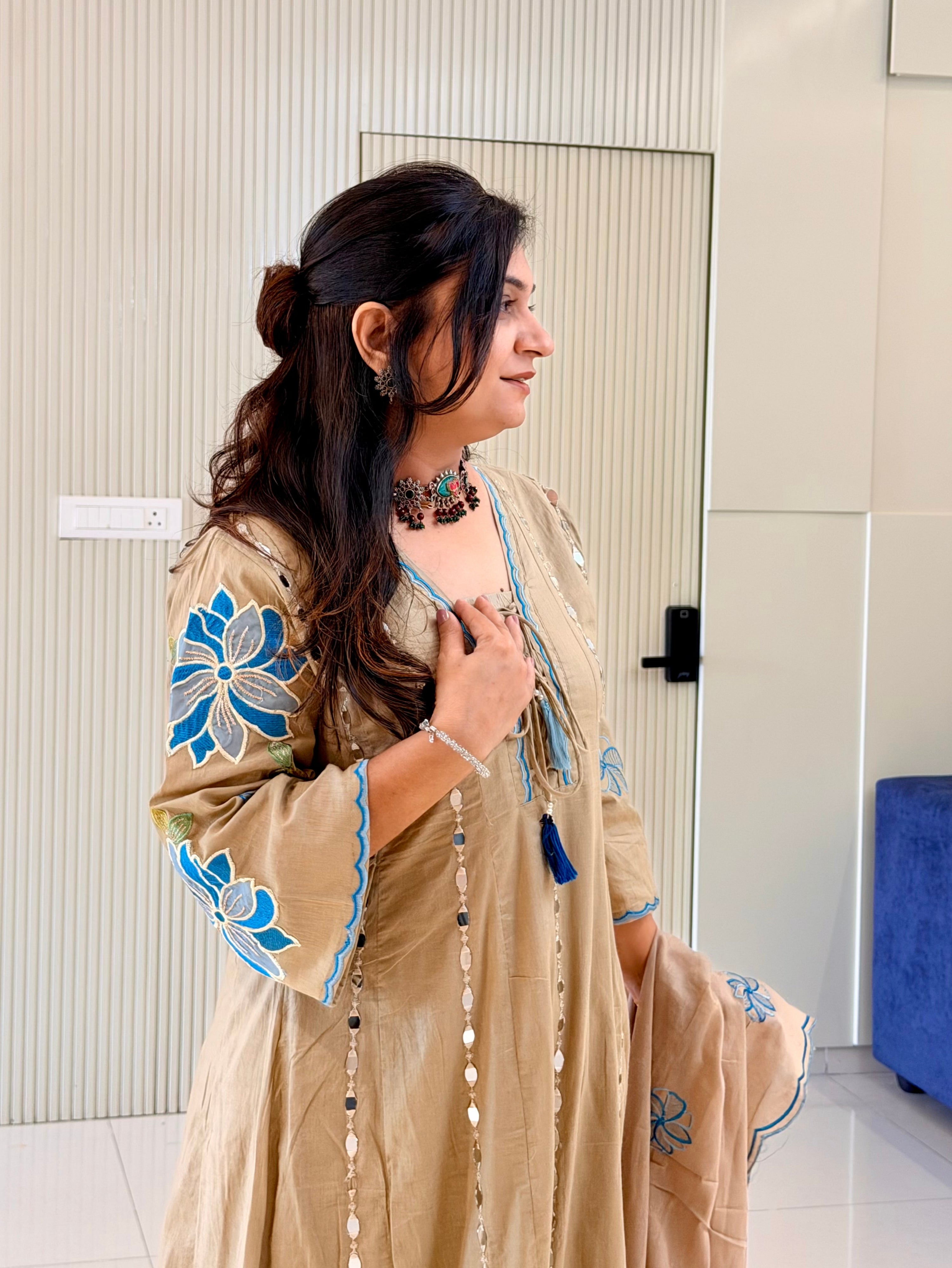 Shifa Beige Mul Cotton Mirror Embroidered Anarkali Dupatta Set