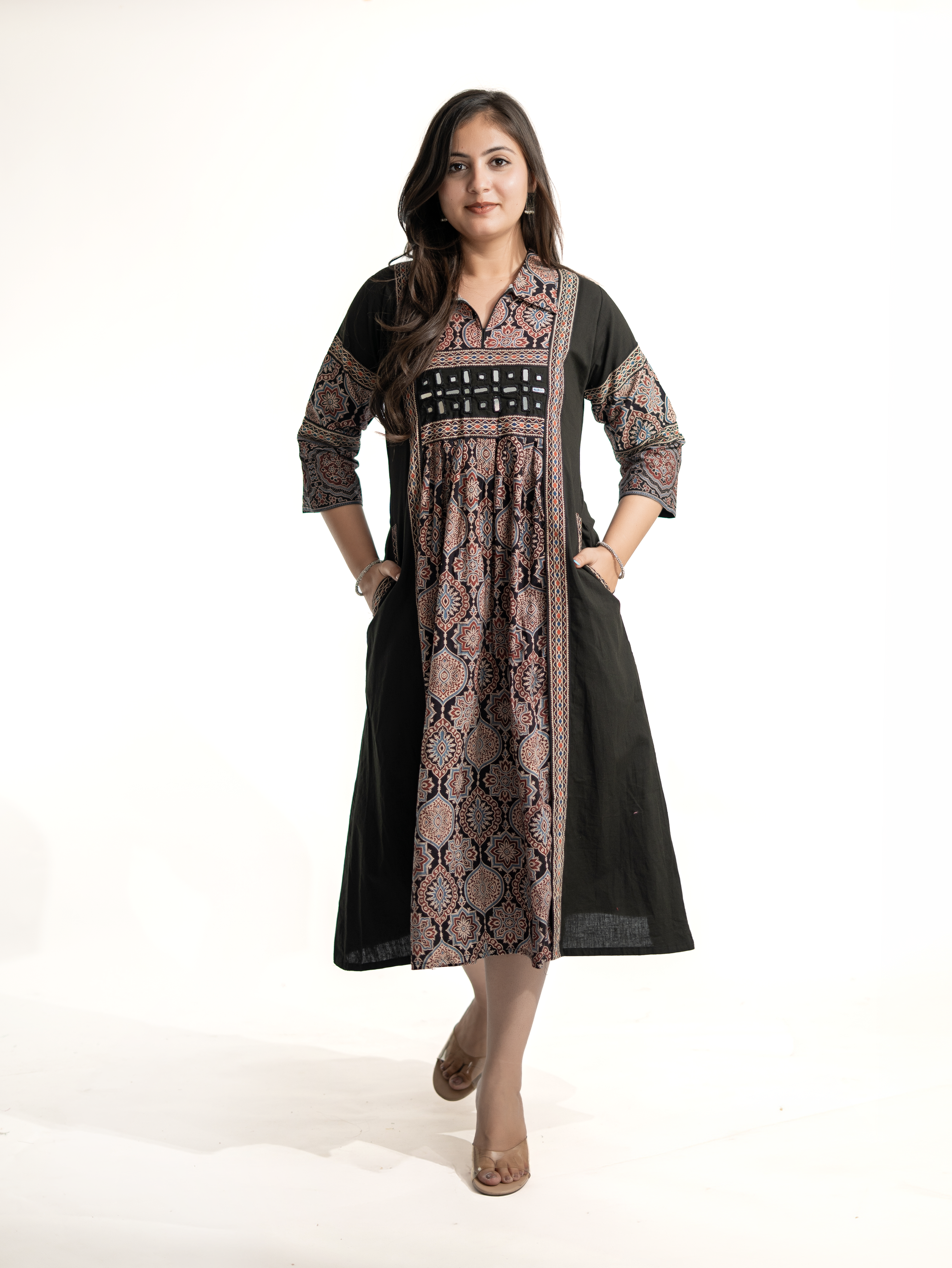 Zasha Black Cotton Ajrakh Kutch Embroidered A-line Kurta