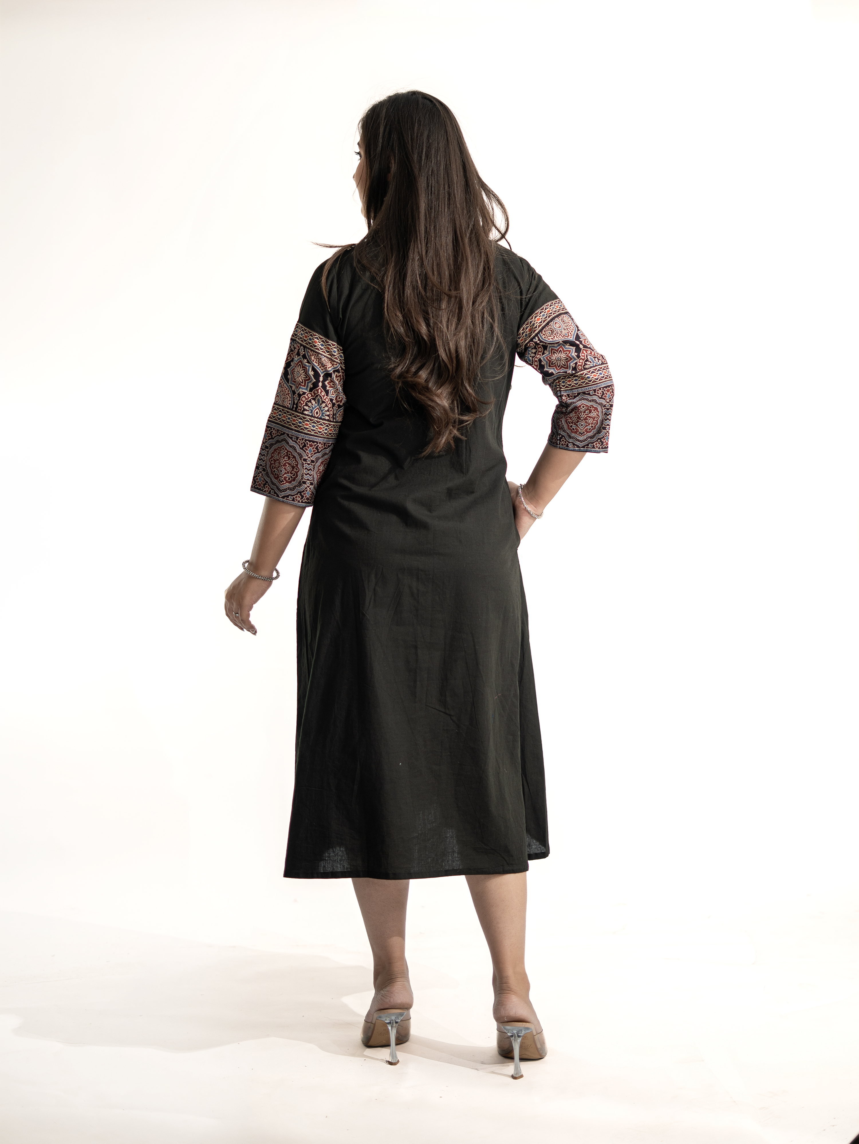 Zasha Black Cotton Ajrakh Kutch Embroidered A-line Kurta